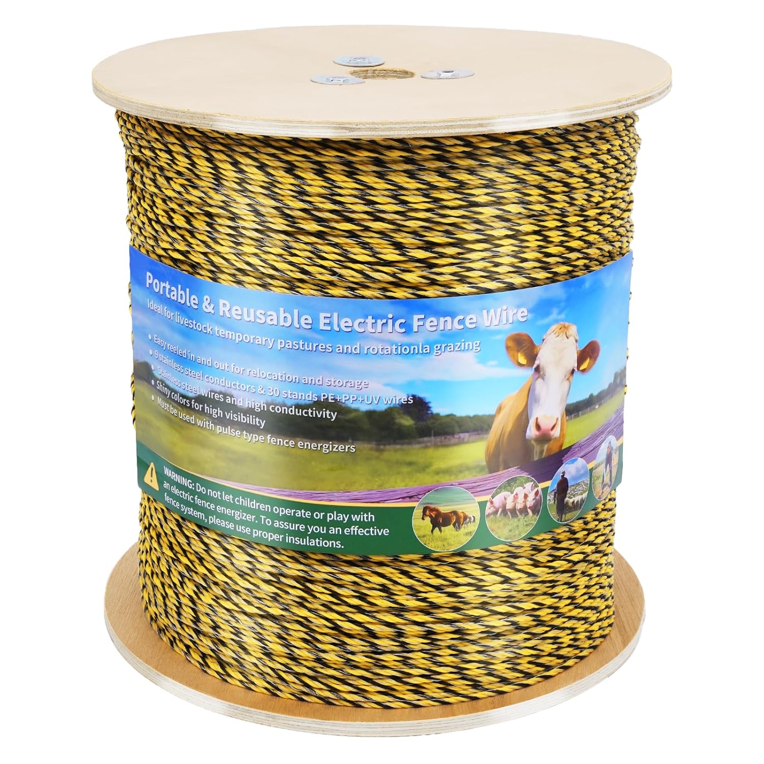 5413 Feet Electric Fence Wire, 9 Stainless Steel Strands and 30 Polywire for Portable Livestock Fencing, with Reliable Conductivity and Rust Resistance, UV Resistant, 1650 Meters 1/8" Diameter