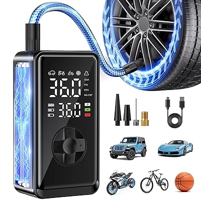 Tire Inflator Portable Air Compressor, Auto Air Pump for car tires with Digital Tire Pressure Gauge, Dual Digital LCD, Pocket Air Compressor for Cars, Bike, Motorcycle, Ball