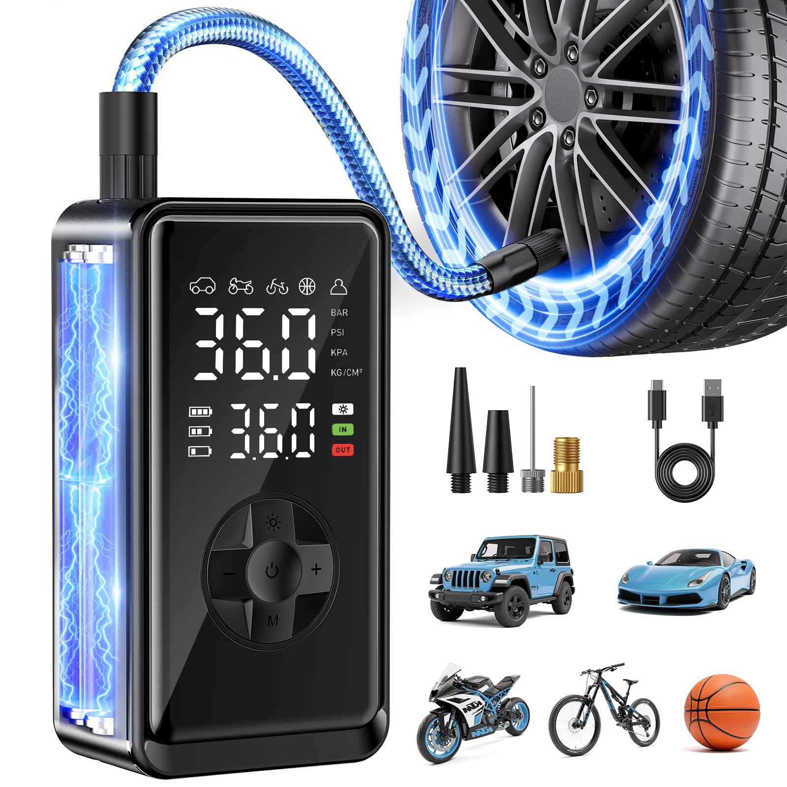Tire Inflator Portable Air Compressor, Auto Air Pump for car tires with Digital Tire Pressure Gauge, Dual Digital LCD, Pocket Air Compressor for Cars, Bike, Motorcycle, Ball
