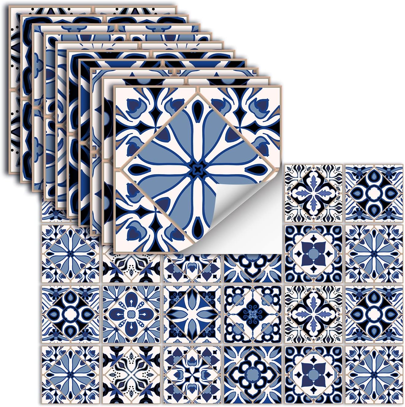 24PCS Tile Stickers Wall Decor Bathroom Kitchen Waterproof PVC Backsplash Decoration Decals - 2D Sticker with Retro Design in Mandala Style (Deep Blue Morocco, 5.91IN(15CM))