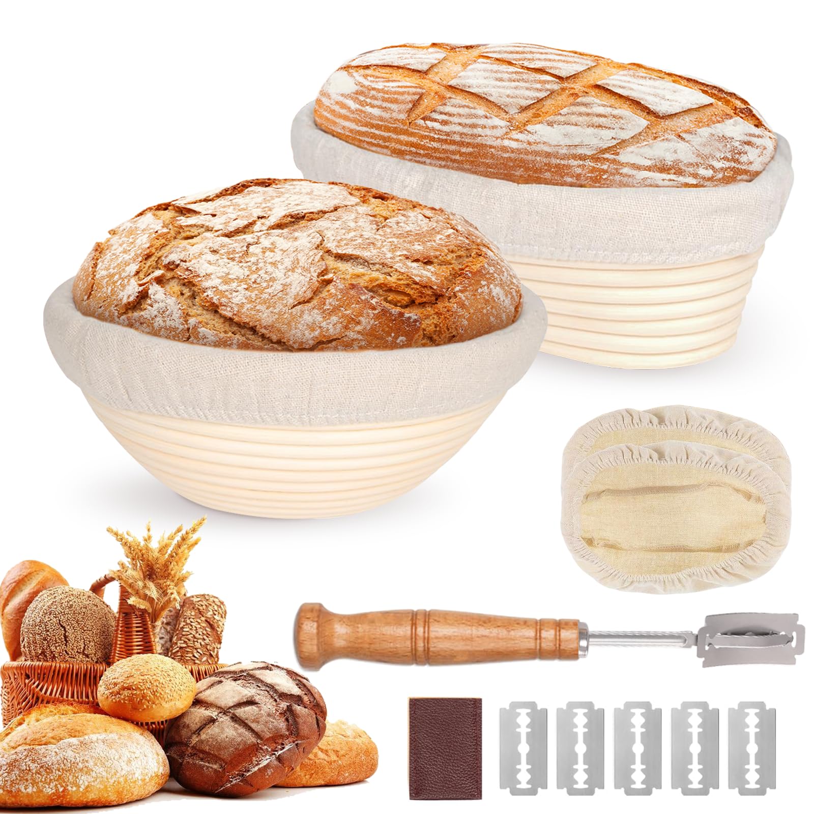 2er-Set Gärkörbchen, Gärkorb Brot Set, Runde und Ovale Gärkorb Zum Brotbacken-Set, Brotkorb Mit Brotmesser mit fünf Klingen, Waschbarem Leineneinsatz, für Professionelle und Häusliche Bäcker
