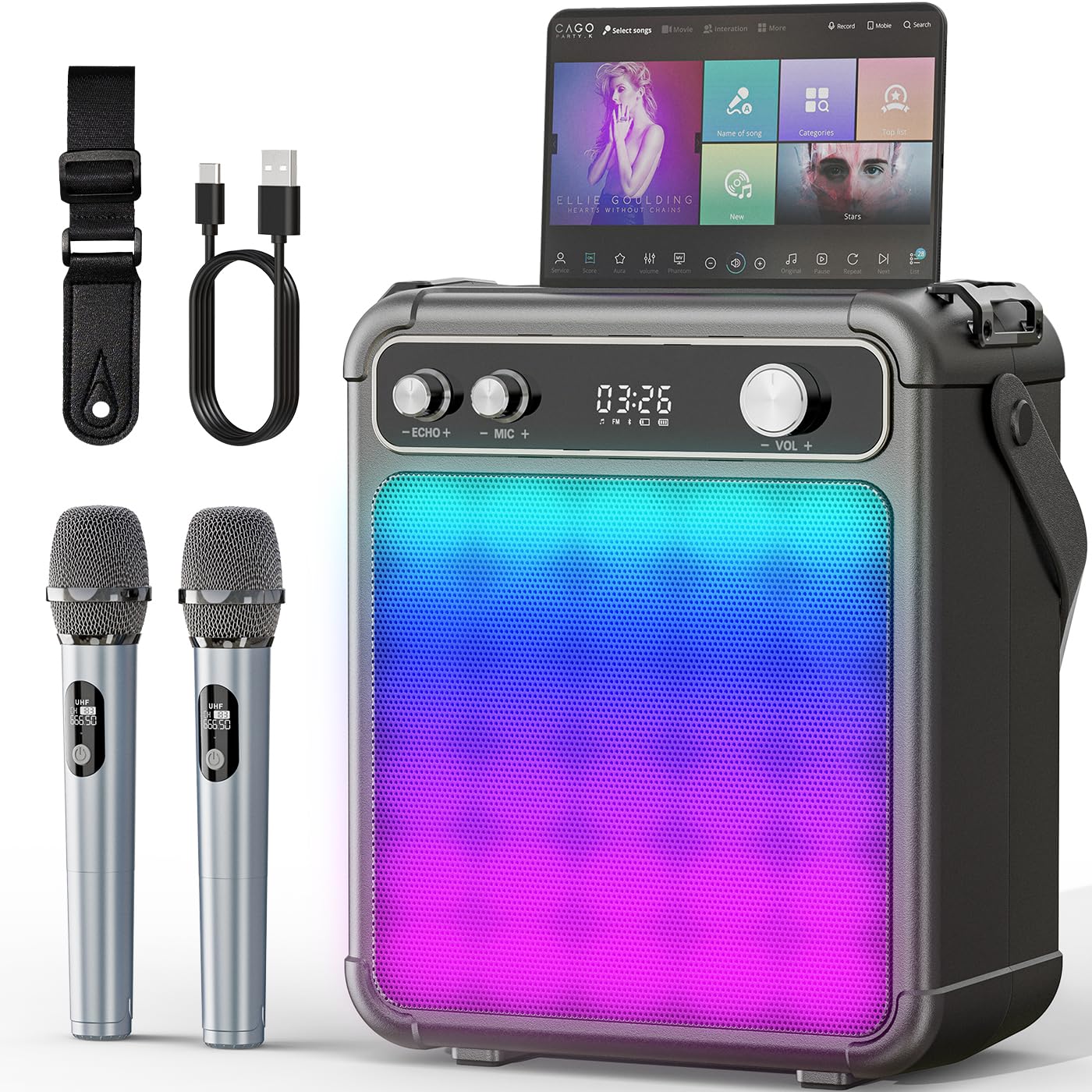 Karaoke Maschine mit 2 Mikrofonen, tragbarer Bluetooth Karaoke System mit LED Lichtern, Stereo TWS, unterstützt USB/TF/AUX, ideal für Home Partys und als Geschenk für Erwachsene und Kinder