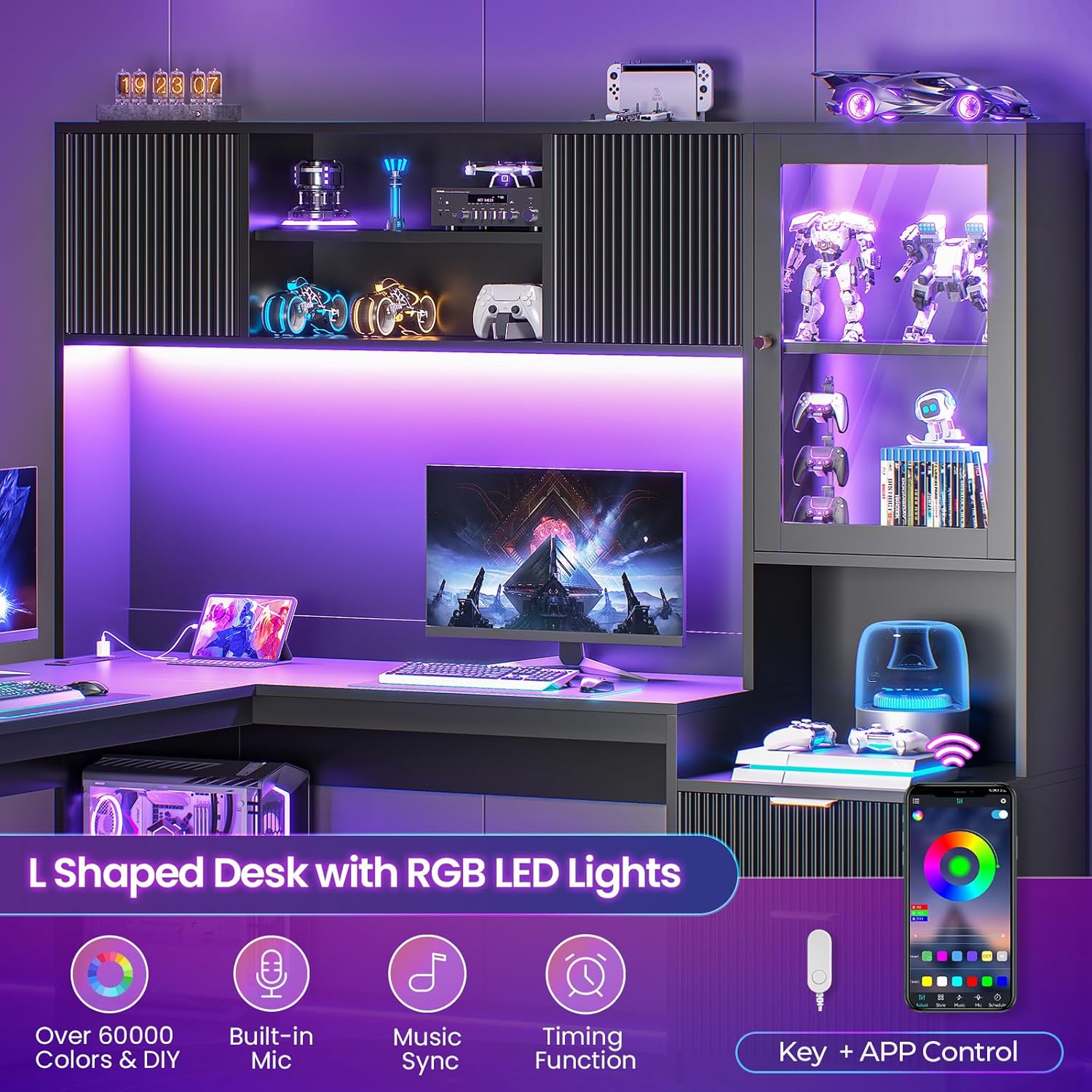 Image showing the L-shaped desk with RGB LED lights illuminated in purple, highlighting the hutch and glass cabinet.