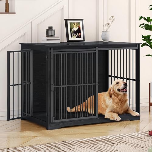 Hzuaneri XXL Large Dog Crate Furniture, 46.9" Indoor Dog Kennel Furniture with Barn Door, Wooden Tall Dog Crate, Heavy Duty Dog Cage for Large Dogs, Side End Table, Anti-Chew, Black DFC83804B
