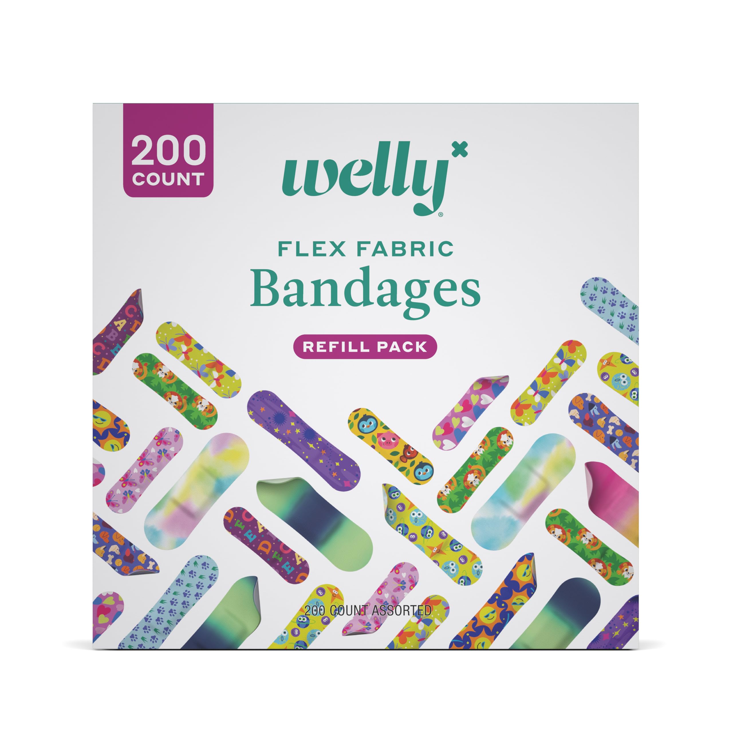 Welly Bandage Refill Ready Pack | Adhesive Flexible Fabric Bandages | Bulk Assorted Shapes and Patterns for Minor Cuts, Scrapes, and Wounds - 200 Count