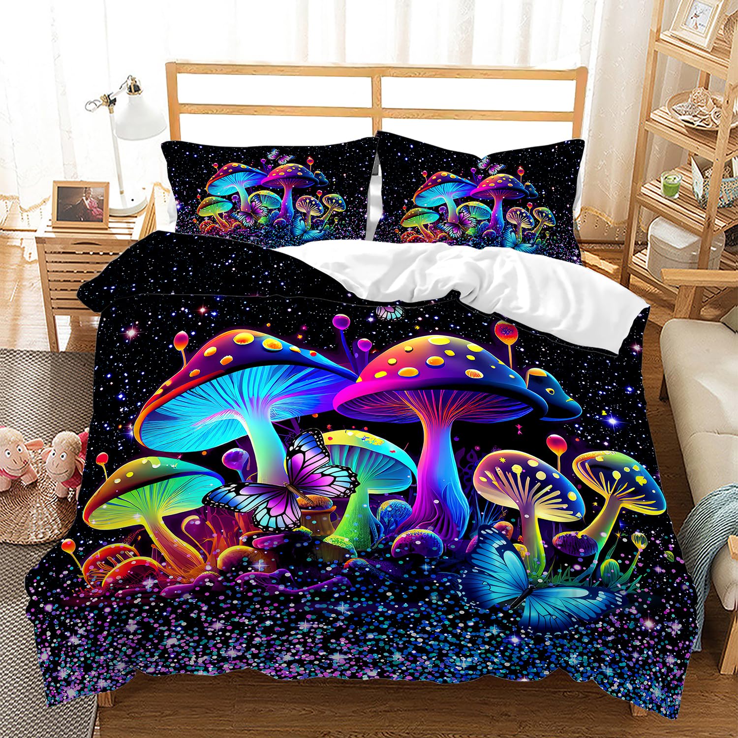 AILONEN Mushroom Duvet Cover Set Queen Size for Boys Girls,Mushroom Bedding Set,Butterfly Mushroom Comforter Cover Set,Colorful Starry Sky Quilt Cover Set and 2 Pillowcases 3 Piecse