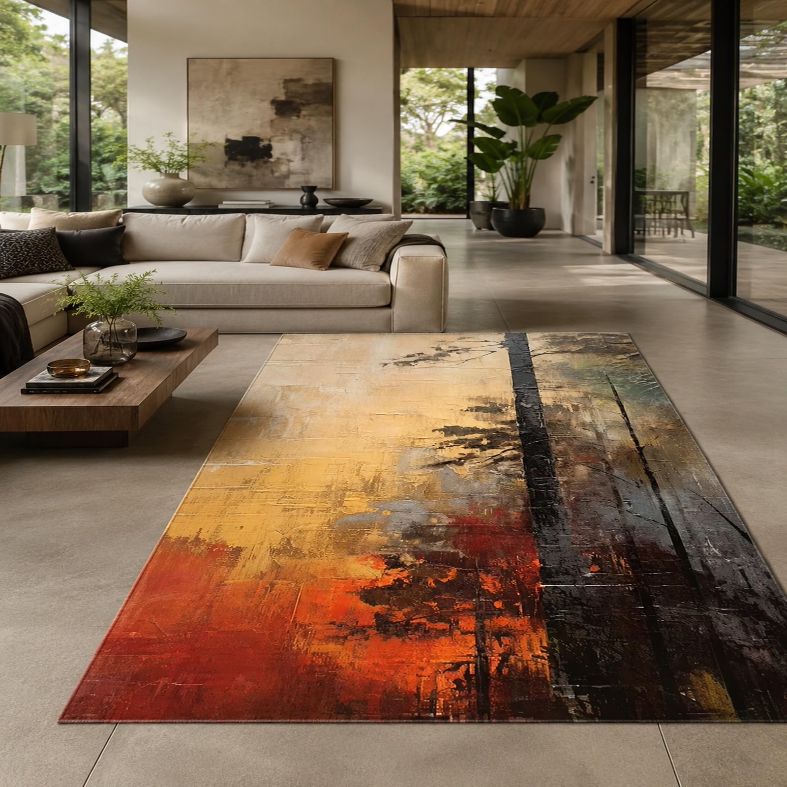Generisch Dywan do sypialni, nowoczesny design, beżowy, czerwony, pomarańczowy, czarno-szary, 120 x 160 cm, nadaje się do prania w pralce, do wnętrz, kuchni, salonu, mebli, akcesoria do mieszkania
