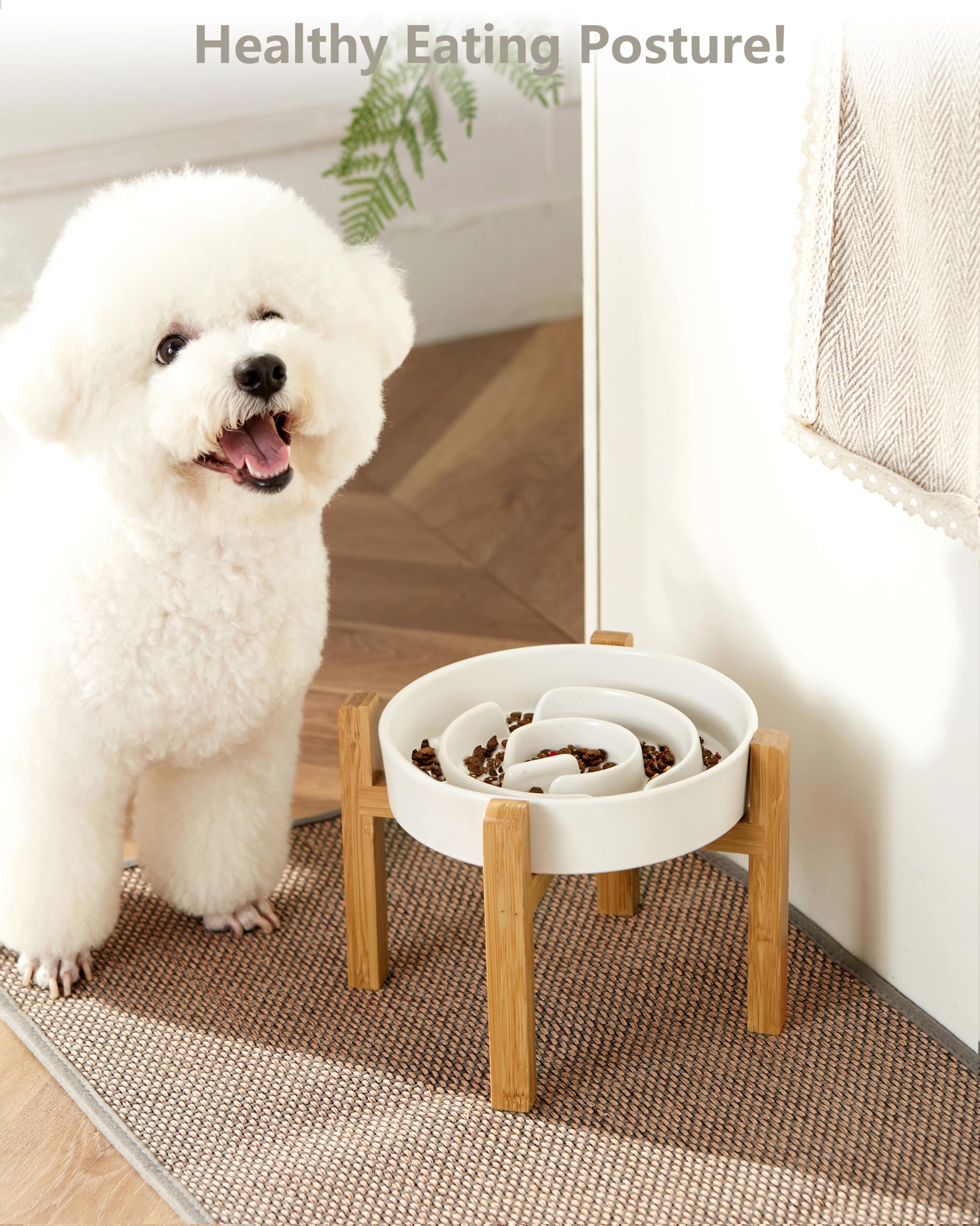 Cuencos de cerámica de alimentación lenta para perros elevados para razas medianas y grandes, 2 tazas, comedero lento para perros con soporte de madera, cuenco para perros rompecabezas para