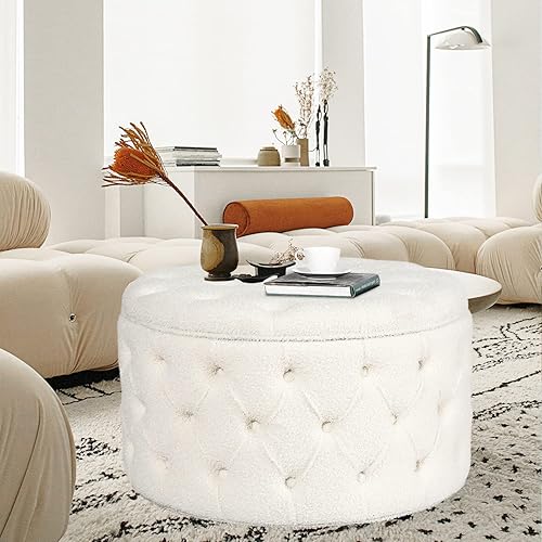 Miniatura 106 de Joveco Otomana redonda de almacenamiento, otomana tapizada con botones y parte superior extraíble, banco de almacenamiento, mesa auxiliar, Negro,