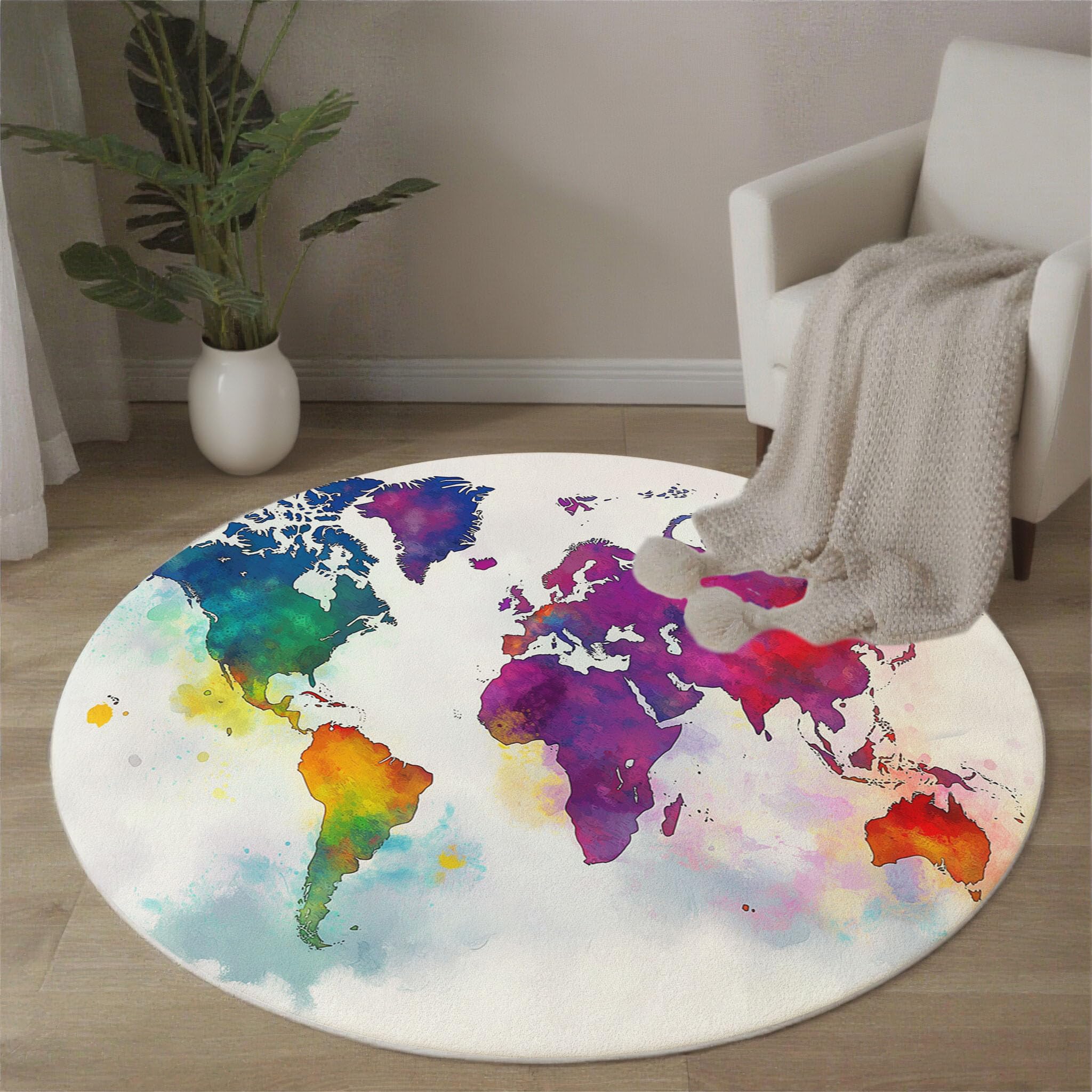 Aquarell-Weltkarte Rutschfest Runder Teppich 100cm, Minimalismus Runder Teppich Wohnzimmer, Mehrfarbig Dekoration Teppiche Weich Waschbar Für Zuhause Bodenmatte Schlafzimmer Dekorativer Teppiche