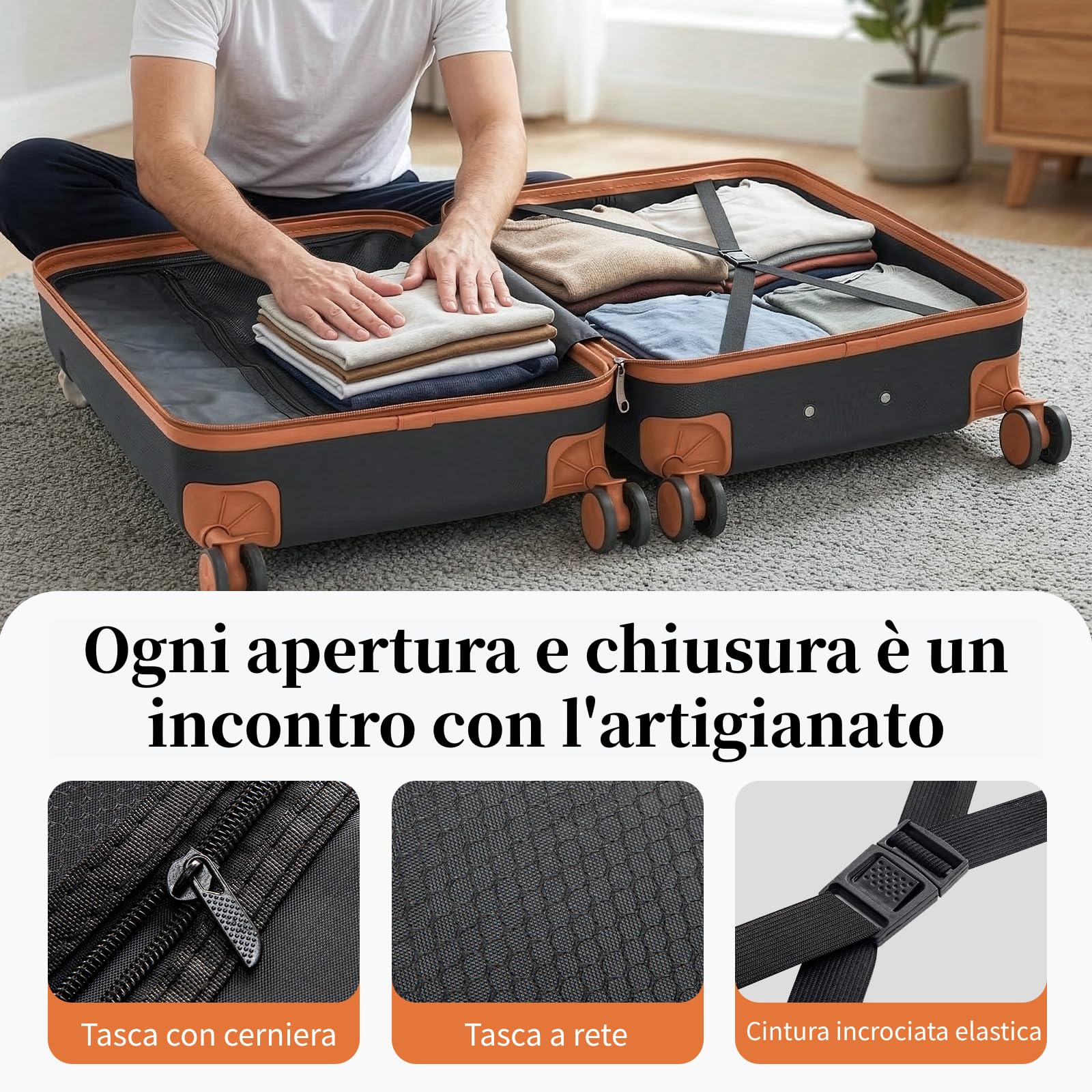 LEADZM Valigie Set 3 Pezzi, Set Valigie Rigide in ABS, Luggage Suitcase Grande 23 kg con 4 Ruote Girevoli Doppie (Nero-Marrone)