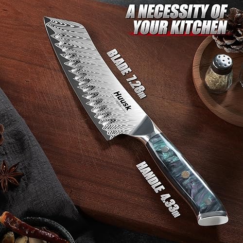 Vista 7 de Huusk Cuchillo japonés Santoku de 7 pulgadas, cuchillo de chef profesional para cocina con mango de resina, acero inoxidable de alto carbono