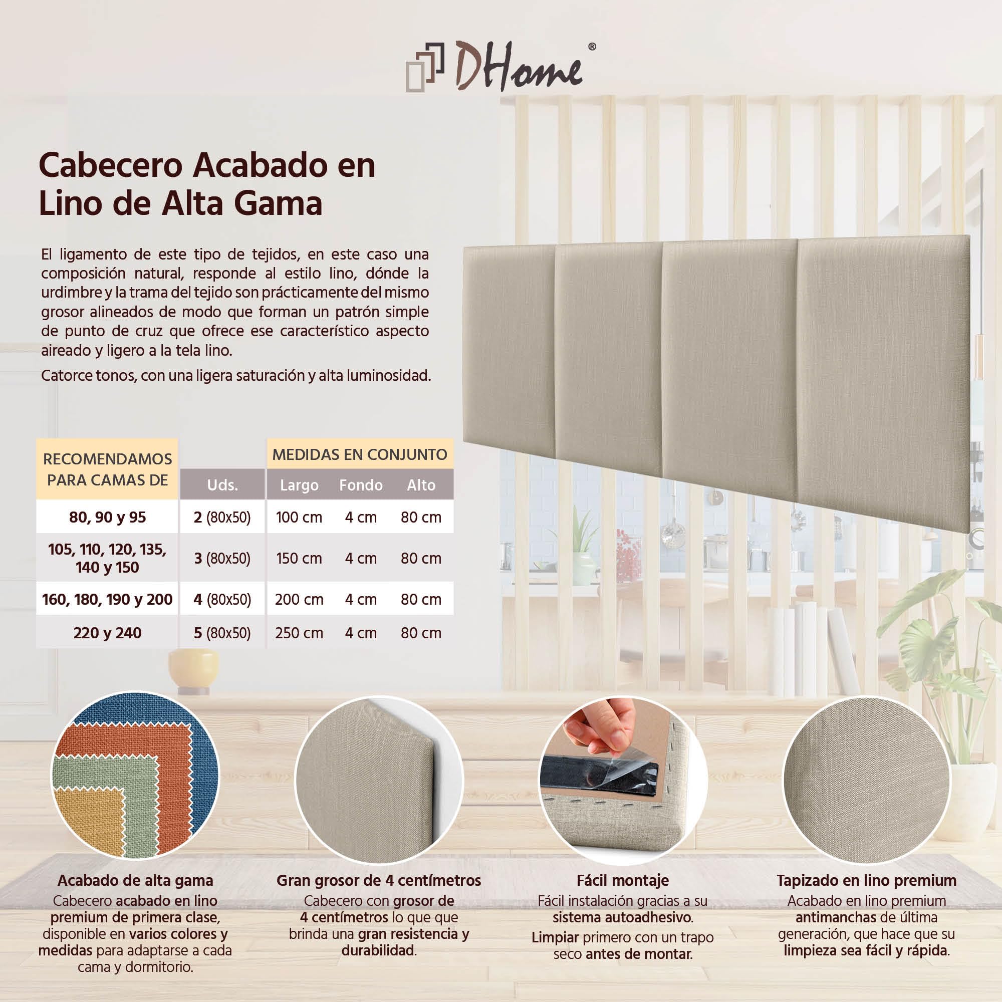DHOME Cabecero Tapizado Lino Natural Liso Antimanchas Diseño Modular Vertical Autoadhesivo Cabezal Cama Dormitorio Acolchado (Beige, 80cm, Altura 80cm, x2)