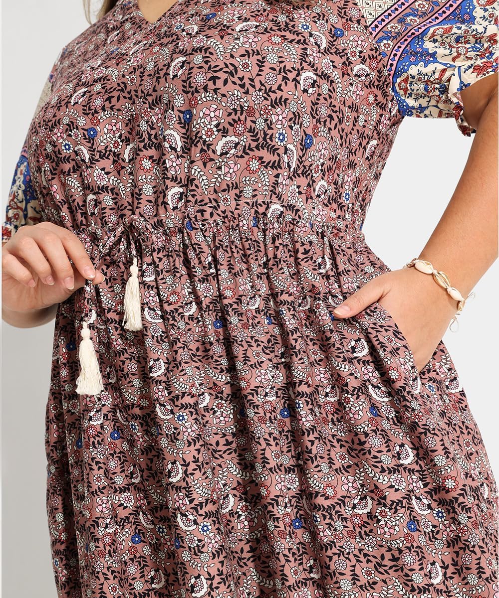 RITERA Plus Size Midi Dress for Women Casual V NeckShort Sleeve Ruffle Flowy Boho Drawstring Tassel Waist XL-5XL - Image 5
