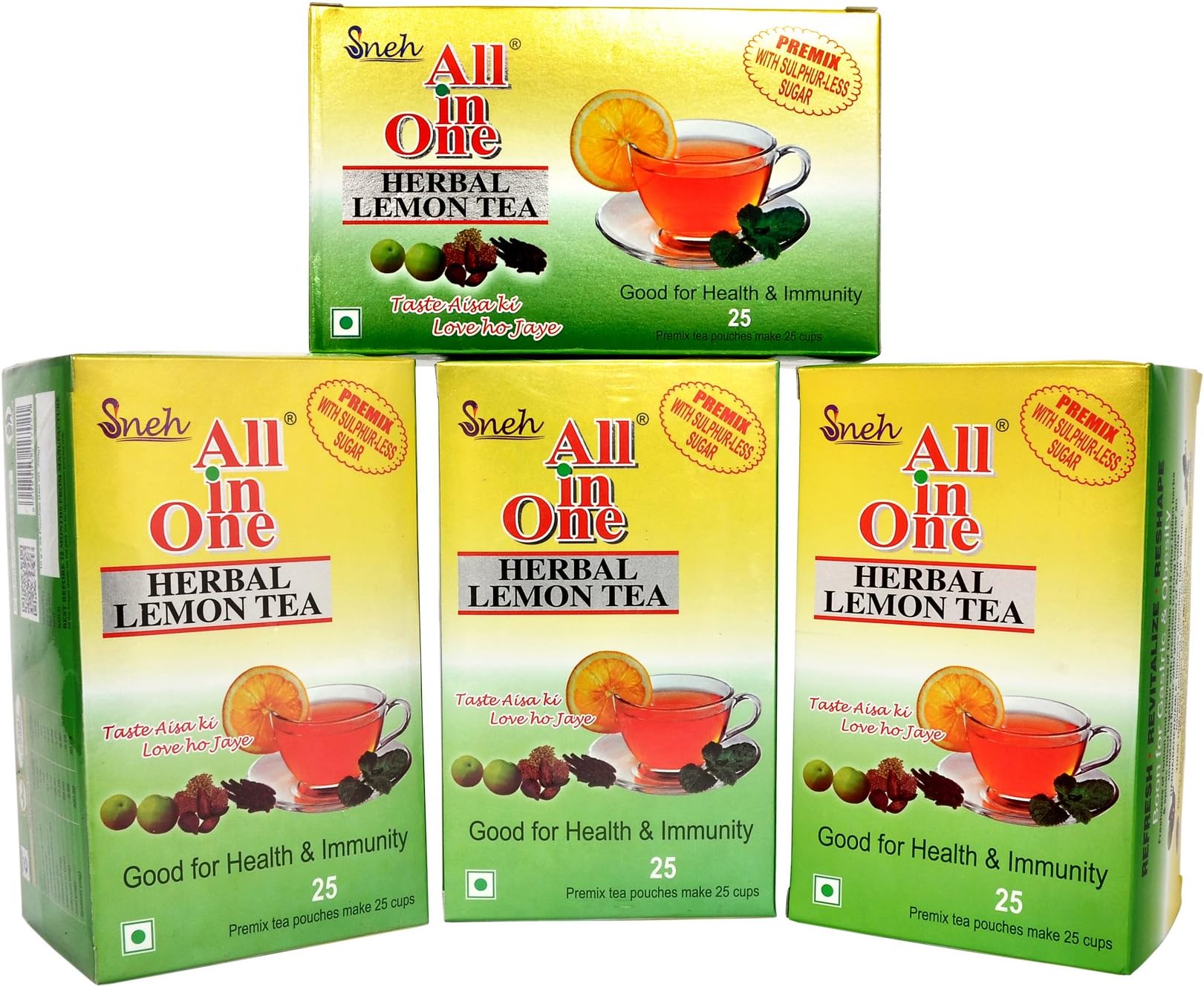 All in One Herbal Lemon Tea Premix Sulphur Less Sugar Pack Of 4, 100 Pouches, 250 grams