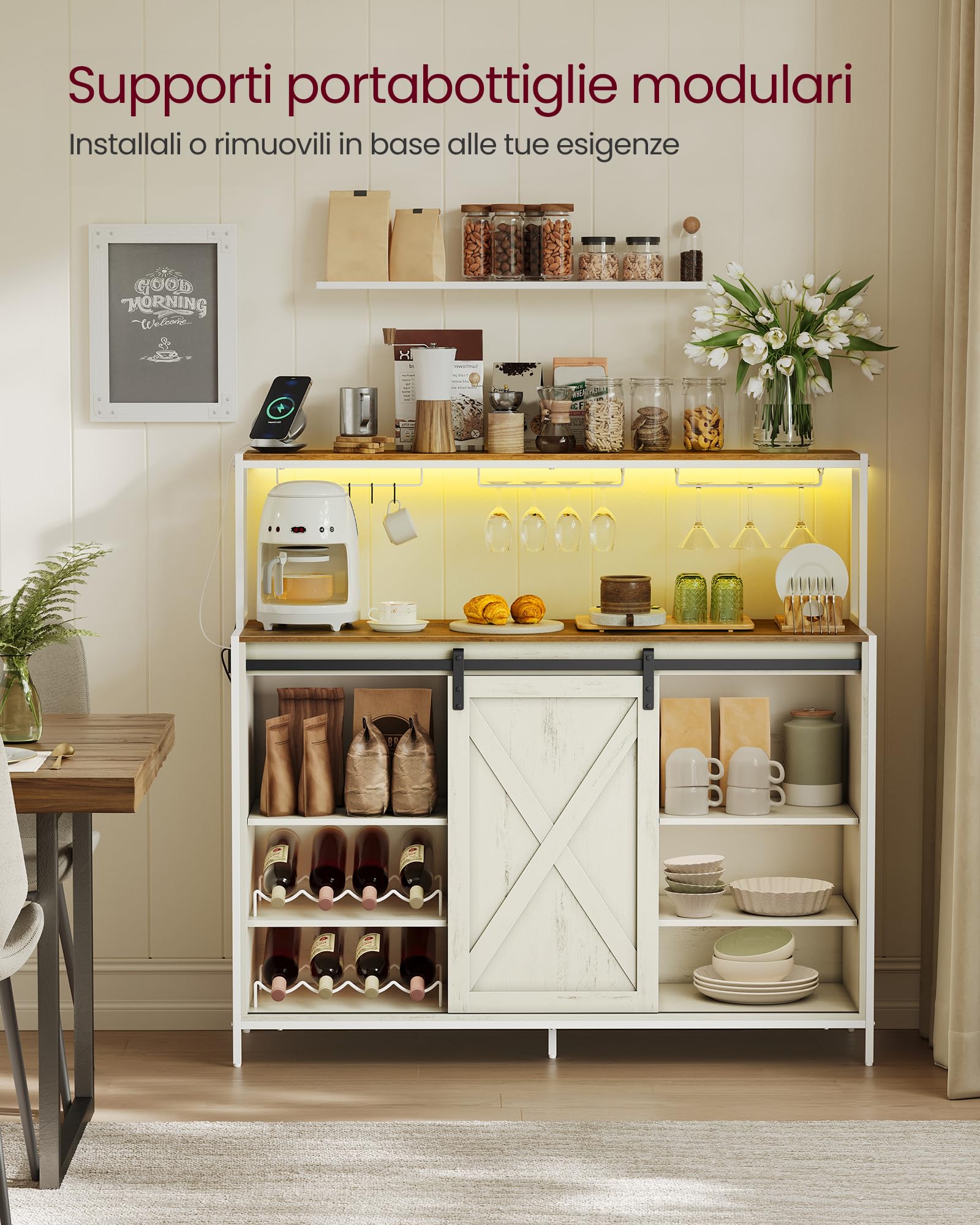 VASAGLE Mobile Bar da Caffè con Multipresa, LED a Comando Vocale, Credenza con Anta Scorrevole, Ganci a S, Portacalici da Vino, Portabottiglie, Bianco Rustico e Marrone Miele LSC201WJ02