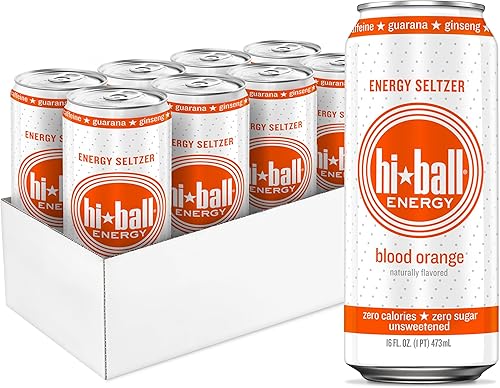 Hiball Clean Energy Drink - Naranja Sanguina - Cero Azúcar, Agua con Gas de Cero Calorías con 160mg de Cafeína Orgánica, 50mg de Ginseng Orgánico,