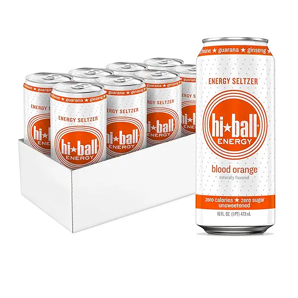 Hiball Clean Energy Drink - Blood Orange - Zero Sugar, Zero Calorie Sparkling Water with 160mg Organic Caffeine, 50mg Organic Ginseng, 50mg Organic Guarana and B Vitamins - 16 fl oz (8-Pack) 1