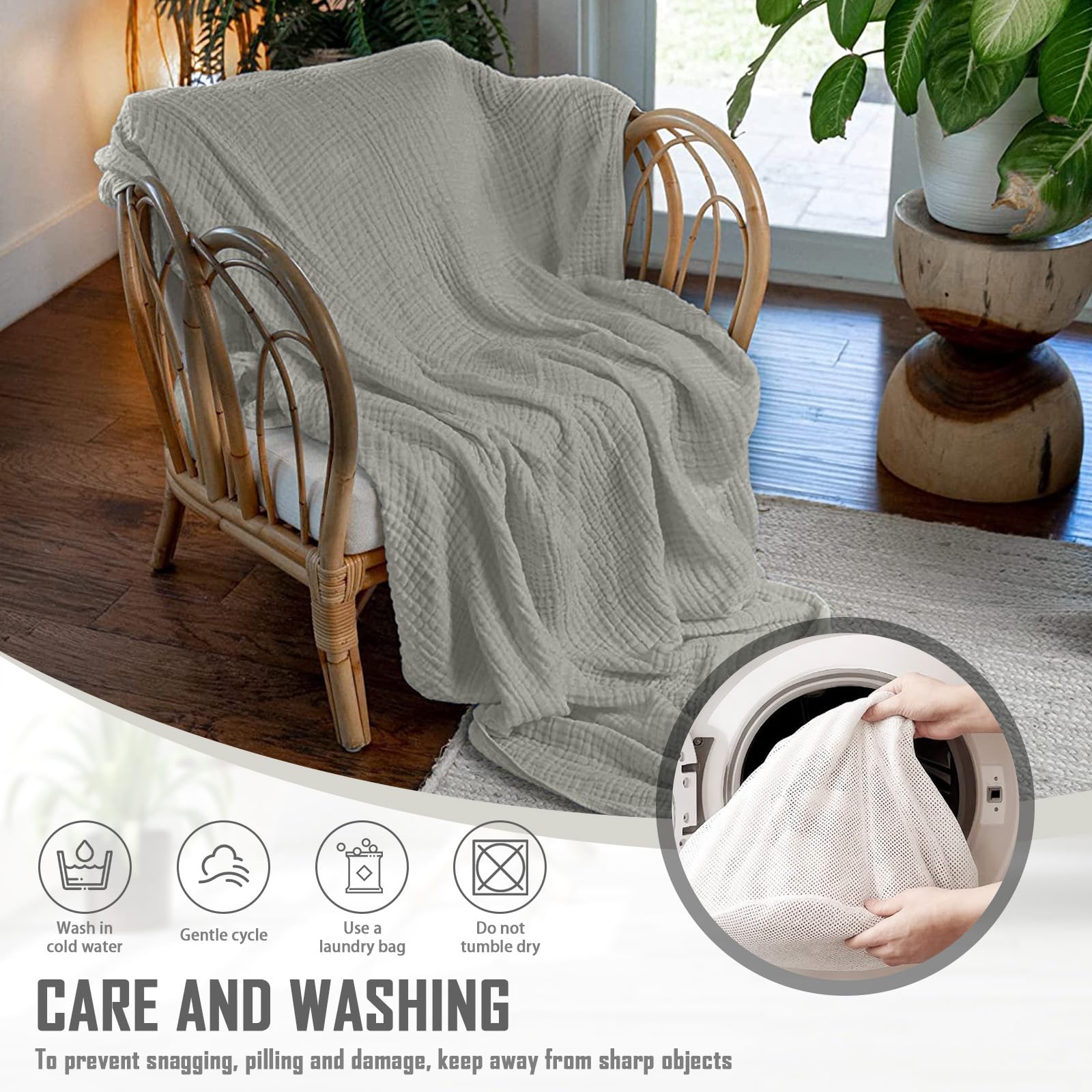 Coperta in Mussola 150x200cm,100% cotone Mussola per Adulti,6 Strati Coperta Estiva in mussola,per Letto e Divano, Coperta per Tutto l'anno (Grigio)