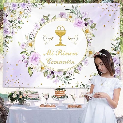Miniatura 9 de MEHOFOND Telón de fondo de bautismo mexicano Mi Primera Comunión Bautizo Oro Purpurina Floral Dios bendiga Banner Primera Comunión Fondo Fotografía