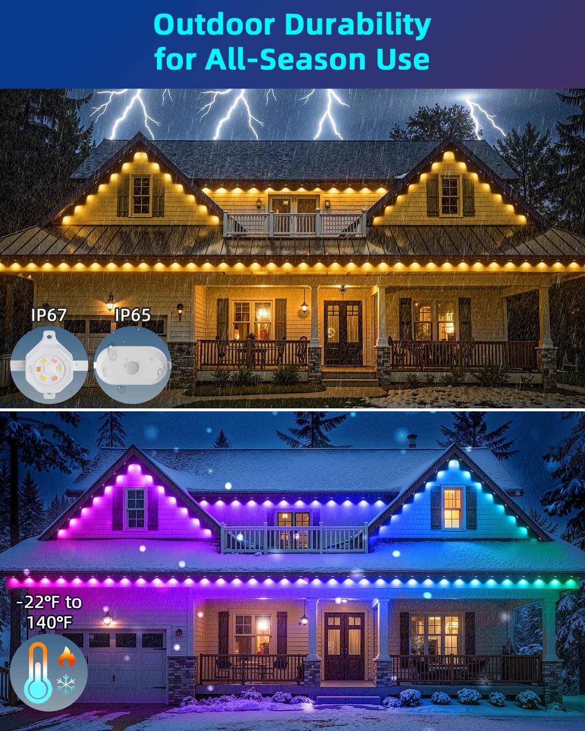 REYLAX 100FT Permanent Outdoor RGB Lights - 60 LEDs, IP67 Waterproof, Music Sync & App Control