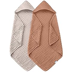 SWEET DOLPHIN Muslin Hooded Baby Bath Towels - 2 Pack 100% Cotton Towel for Babies, Infants, Toddlers - 32x32Inch - Highly Absorbent and Newborn Essential, Light Bean Paste