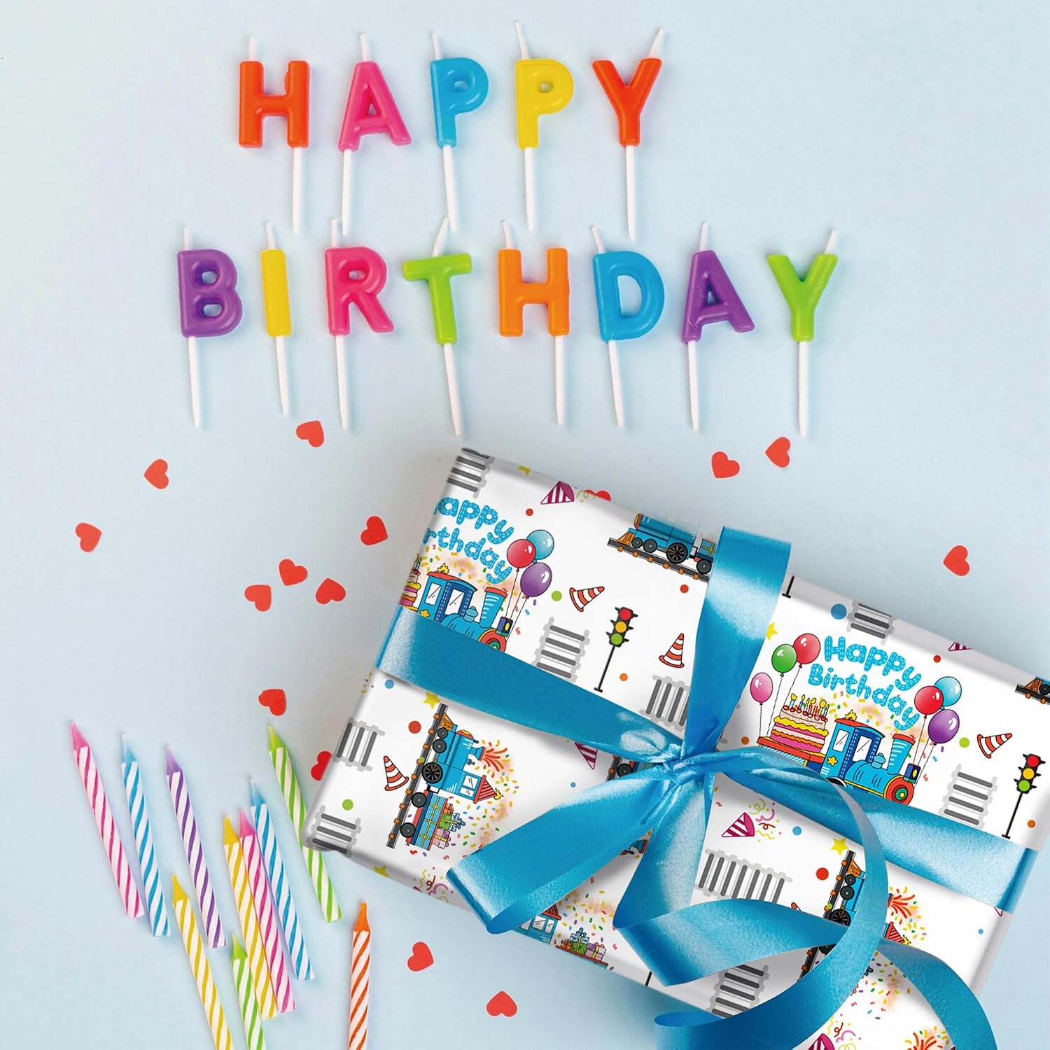 SaringSwoon Birthday Train Wrapping Paper for Boys Kid - White Gift Wrap With Train Happy Birthday Balloons, Cake and Gifts Train Tracks for Baby Shower - 28x40 Inches, 4 Folded Sheets image 5