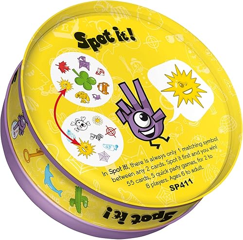 Miniatura 3 de Spot It! Juego de cartas clásico  Juego para niños  A partir de 6 años  2 a 8 jugadores  Tiempo de juego promedio de 15 minutos  Embalaje morado y
