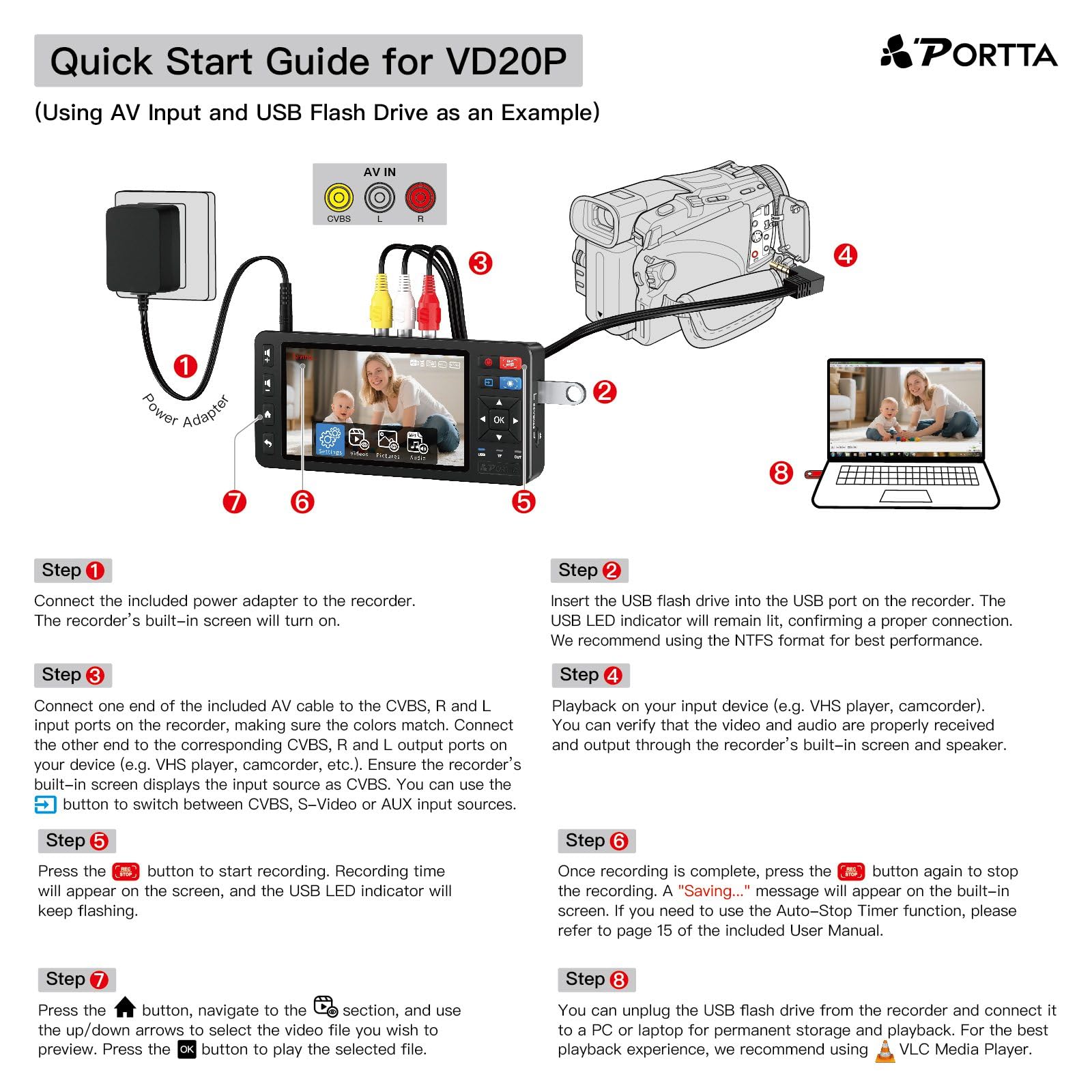 PORTTA Convertitore da VHS a digitale VD20P con schermo HD da 5", registratore video, conversione in MP4, compatibile con VHS, Hi8, Mini DV, console di gioco (richiede lettore VHS/DVD/videocamera)
