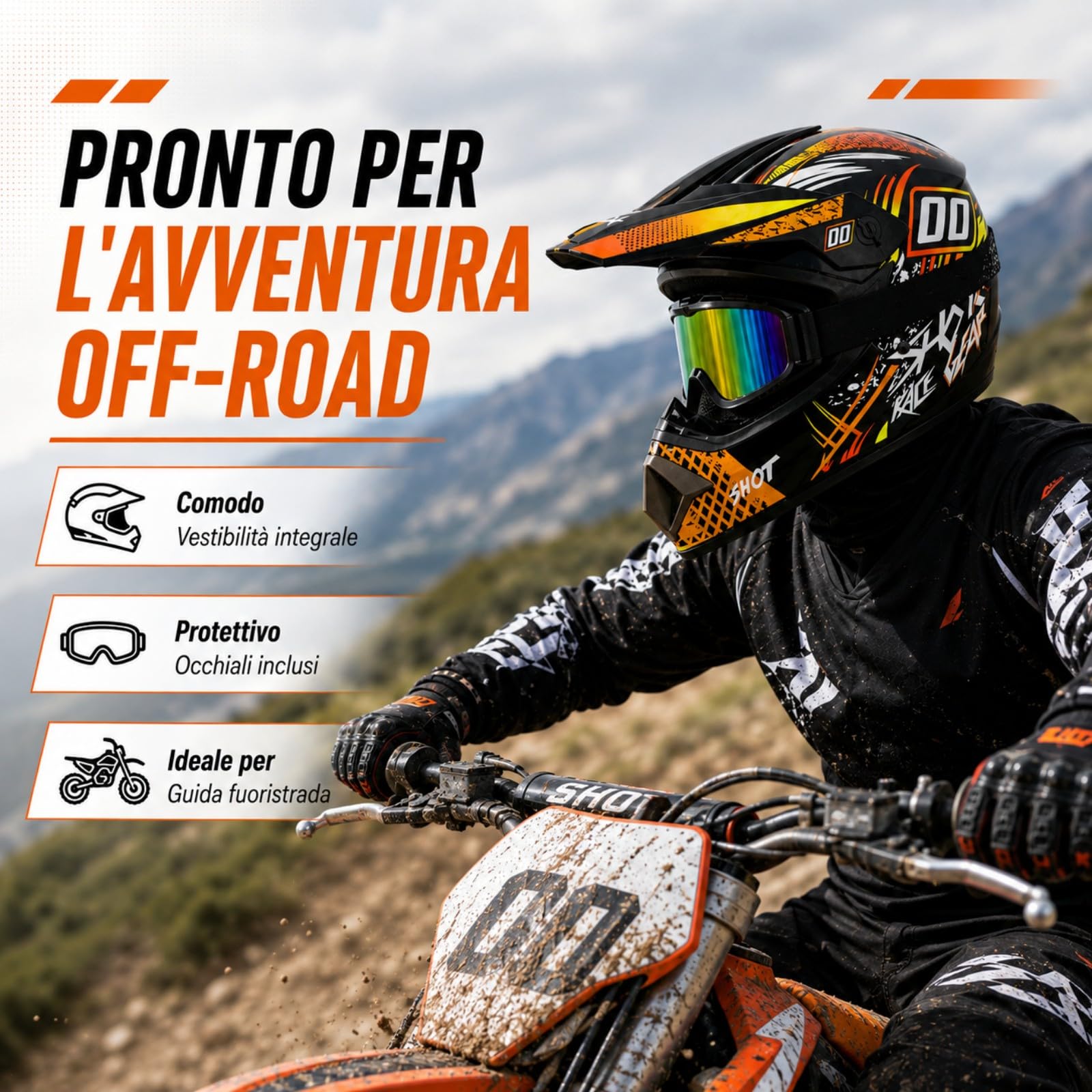 Set Casco Cross Integrale nero e arancione con Occhiali e Guanti