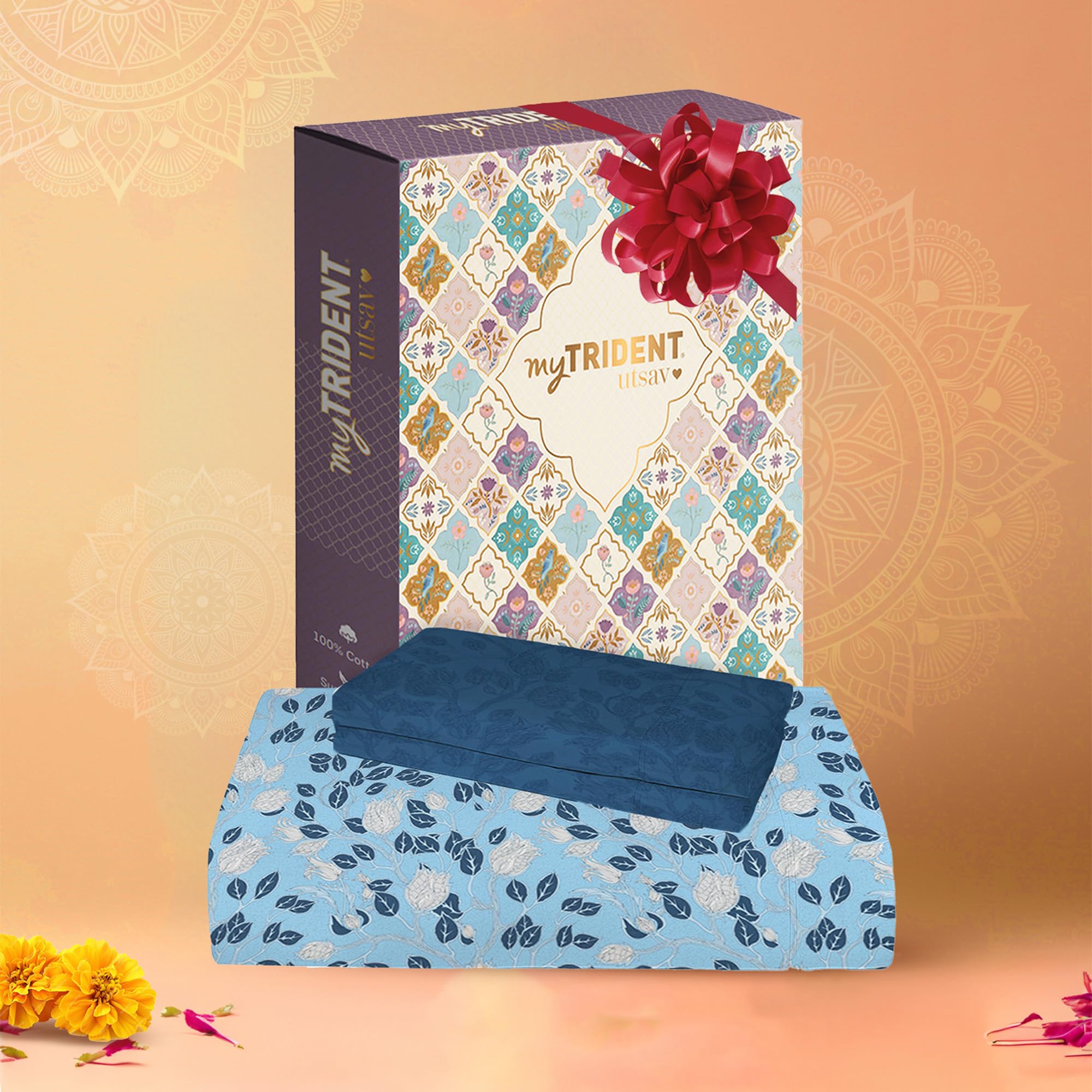 TRIDENT Floral bedsheet Set - Utsav Collection, 100% Cotton, Bedsheet for Double Bed (1 Queen Size Bedsheet with 2 Pillow Covers) Superior Softness, 120 Thread Count-Deco Dawn Navy