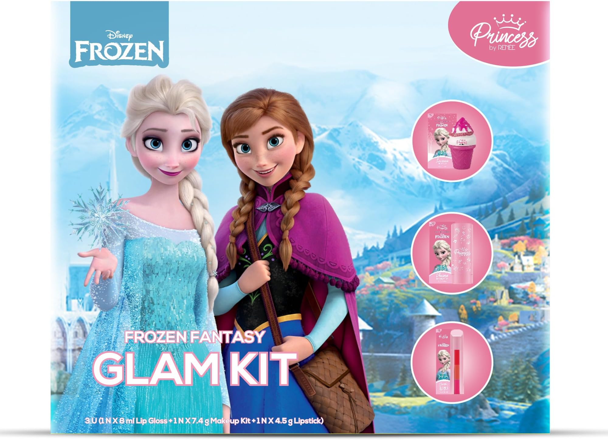 Princess by RENEE Disney Frozen Fantasy Glam Kit | Skin Friendly Makeup Combo For Preteens | Includes Elsa Unicorn Makeup Kit, Icecream Lip Gloss & Candy 3-in-1 Tinted Lipstick