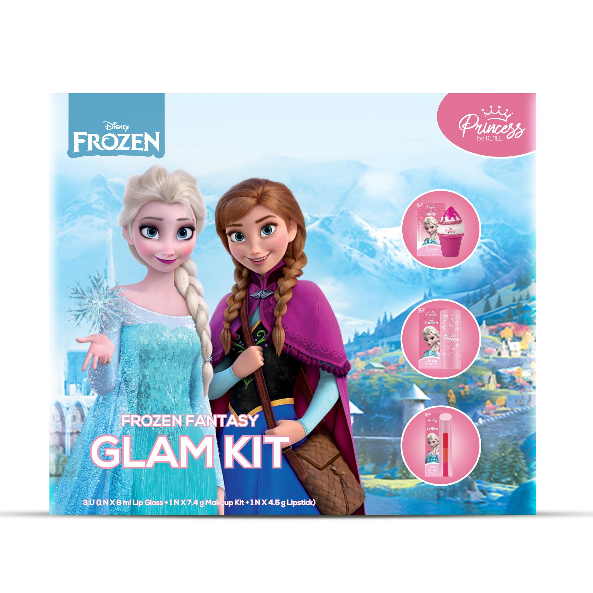 Princess by RENEE Disney Frozen Fantasy Glam Kit | Skin Friendly Makeup Combo For Preteens | Includes Elsa Unicorn Makeup Kit, Icecream Lip Gloss & Candy 3-in-1 Tinted Lipstick
