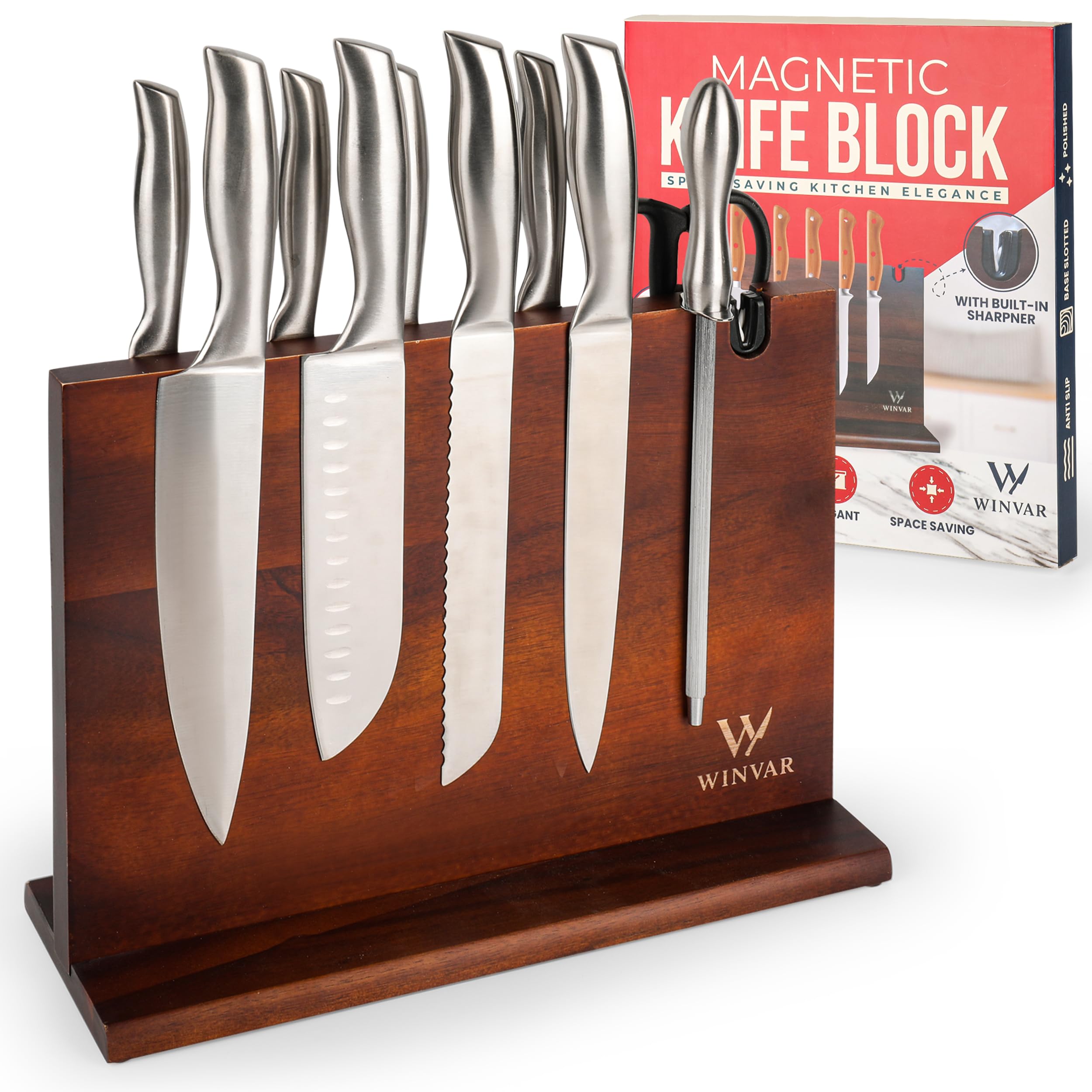 Photo 1 of ***MISSING BASE*** Acacia Wood Magnetic Knife Block with Sharpener — 14 x 10 in Double Sided Magnetic Knife Holder with Built-In Sharpener — Warm Wood Countertop Knife Display Stand for Knives, Scissors, & Tools