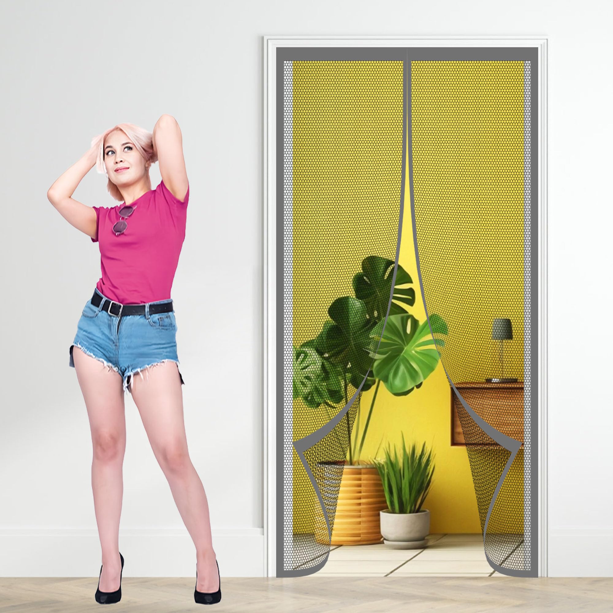 Wglf Sun Grey Magnetic Fly Screen Balcony Door 84 X 197 Cm Heavy Duty Door Screen Without Drilling Hands Free Mesh Curtain For Balcony And Patio,