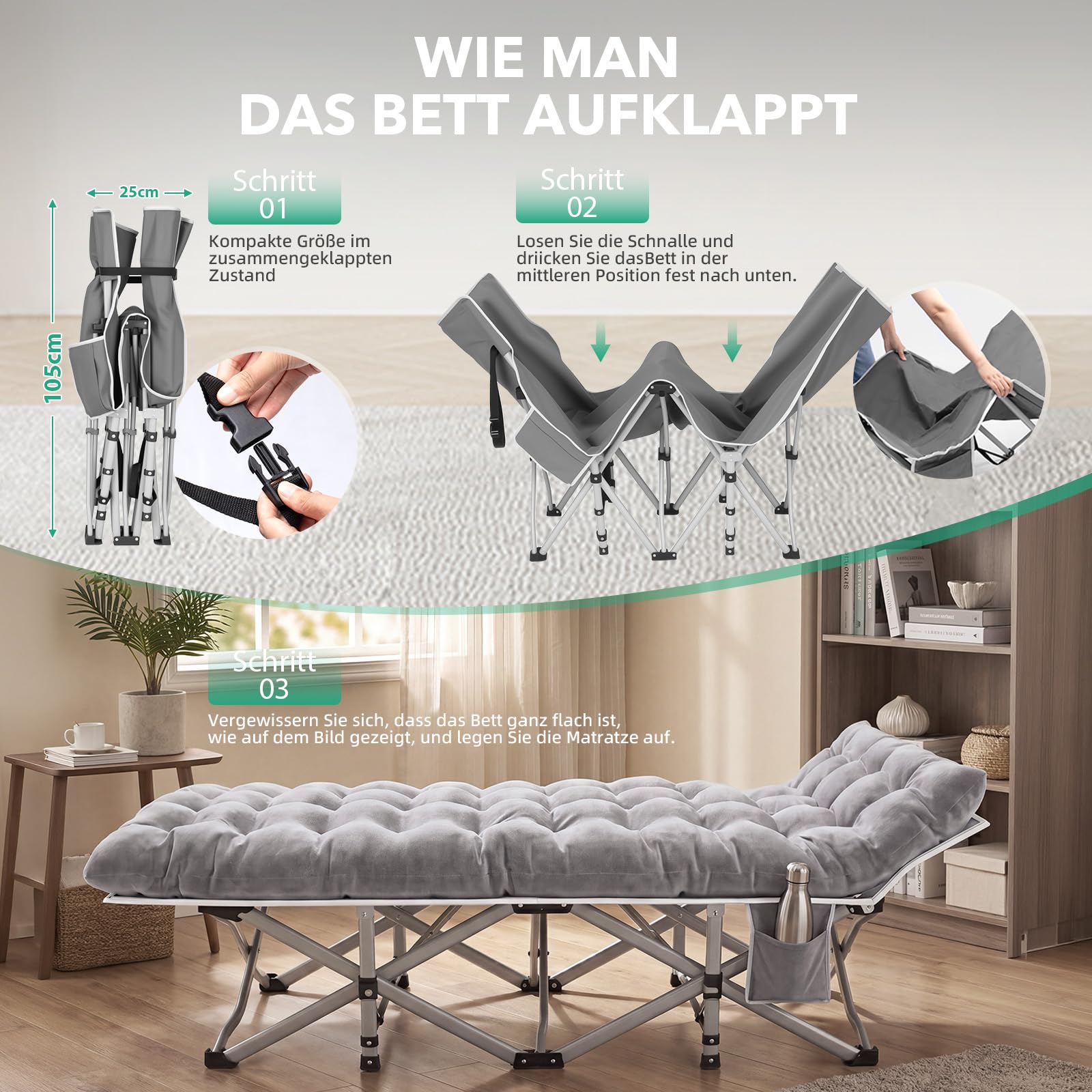 XXL Campingbett Feldbett 190 x 80 x 37 cm Feldbett Klappbar mit Matratze, Klappbett mit Seitentasche, Camping Bett 2 Personen Campingliege, Faltbar Gästebett bis 308 kg für Outdoor Indoor Reisen