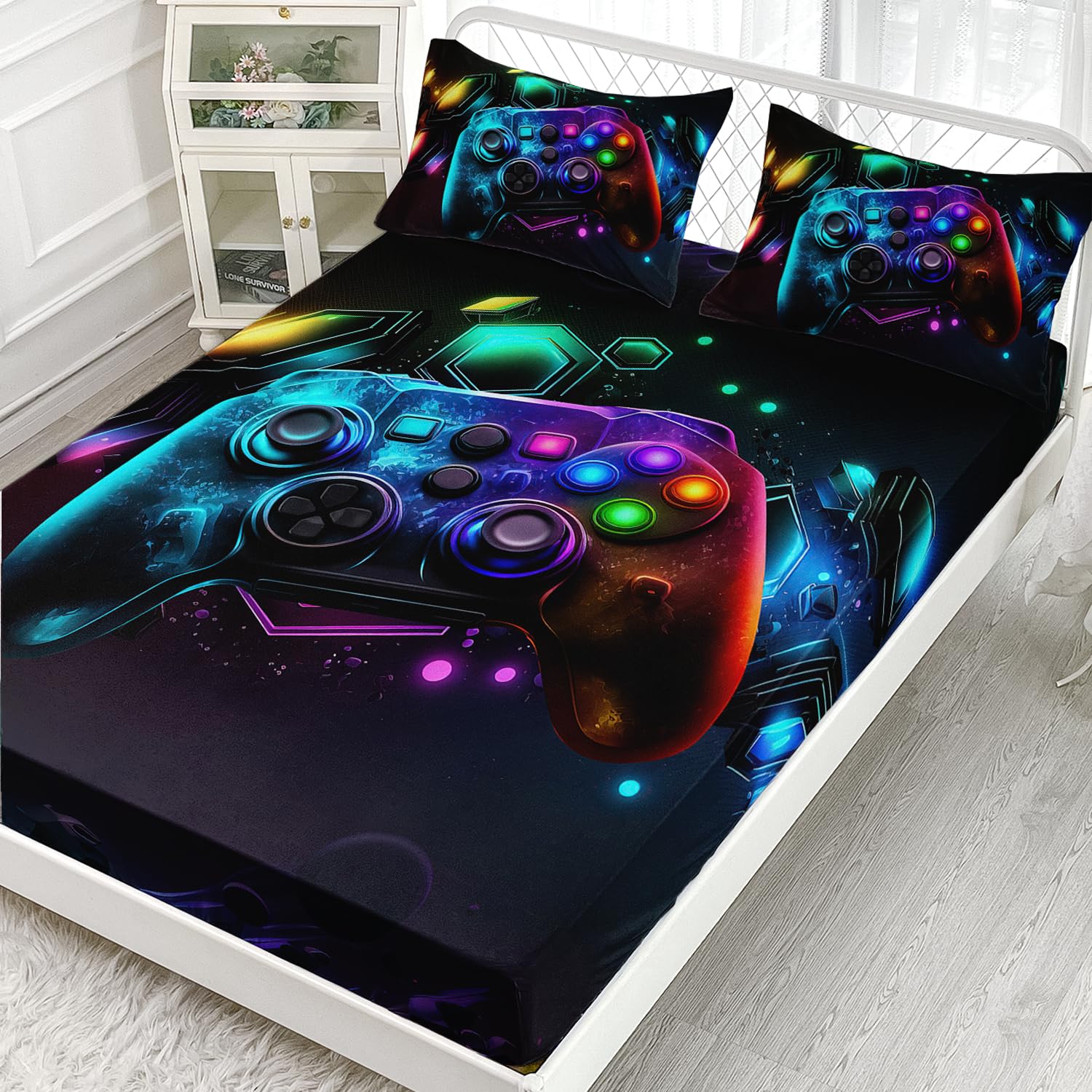 AILONEN Gamepad Fitted Sheet for Kids Girls Twin XL Size, Beautiful Gamer Bed Sheet Set,3D Colorful Game Handle Theme Bed Sheet Sets,1 Fitted Sheet and 2 Pillowcases,3 PCS,All Season Use