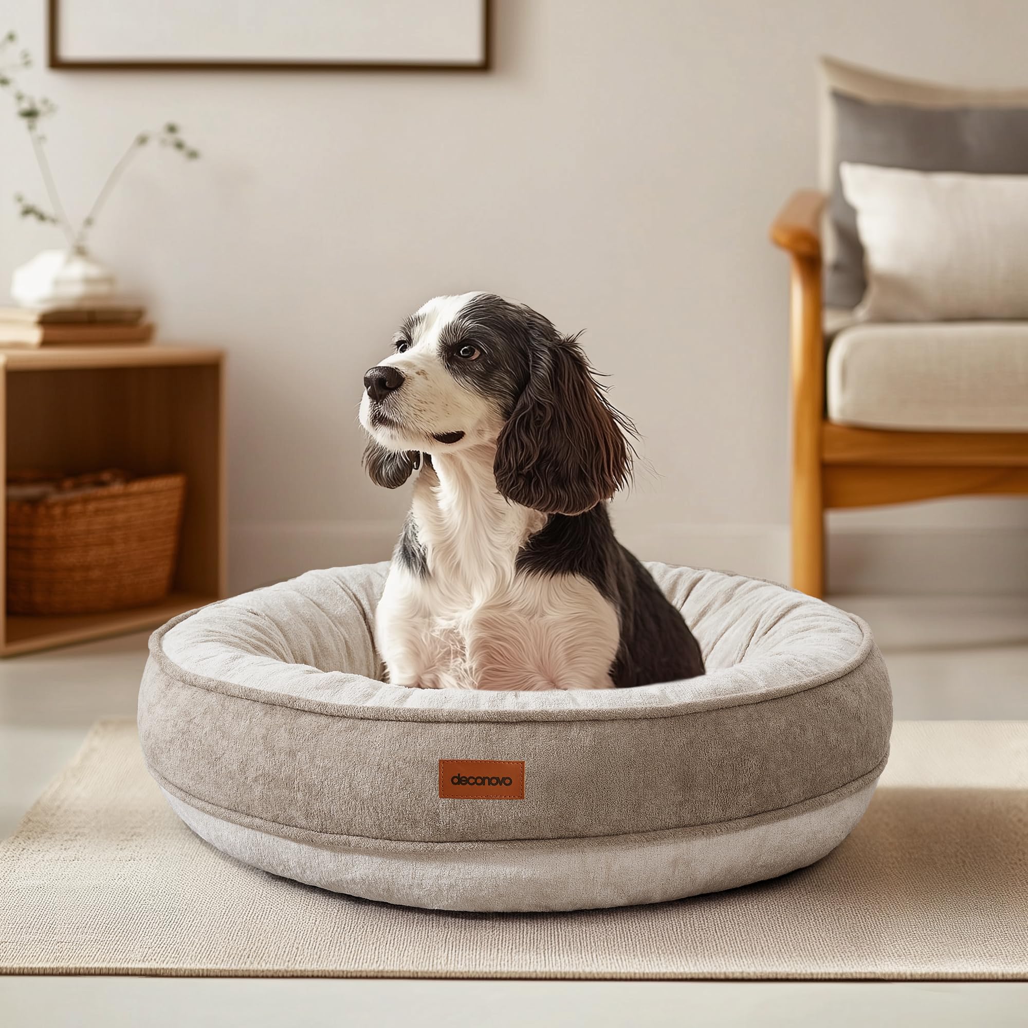 Deconovo Letto Ortopedico per Cani di Taglia Media e Grande, Soffice e Lavabile, con Cesto per Cani a Forma di Ciambella in Pile,61x61x15cm, Cachi