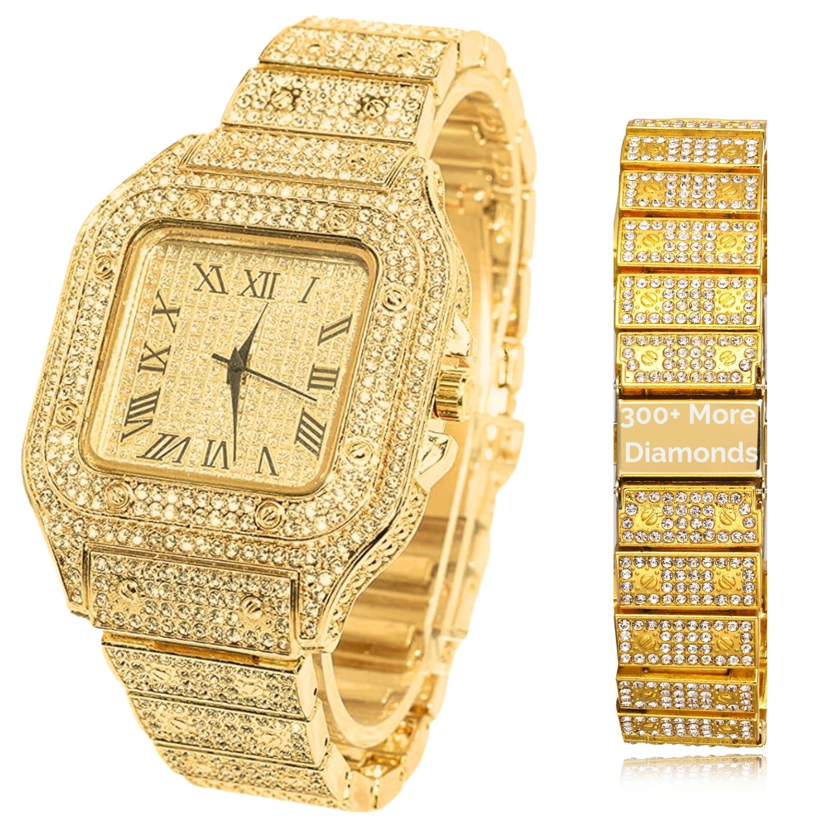 Halukakah Men’s Watch - The King - 18K Gold/Platinum Plated, 40MM Square Dial, Iced Out Wristband, with Cuban Link Chain Necklace and Bracelet Set Optional, Comes in Giftbox
