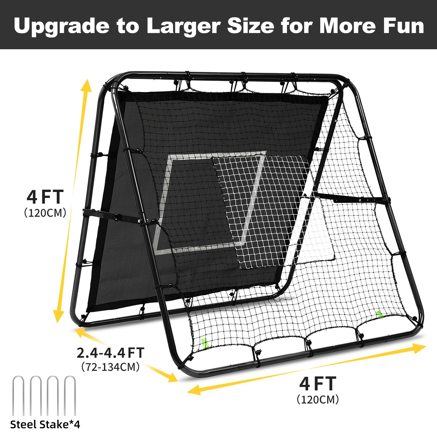 BAGAIL Doppelseitiges Rebounder-Netz, Fußballnetze, verstellbare Winkel, anpassbare Struktur, Rebound-Netz mit Ziel für Geschicklichkeitstraining, tragbare Fußballtore für den Garten, 120x120cm