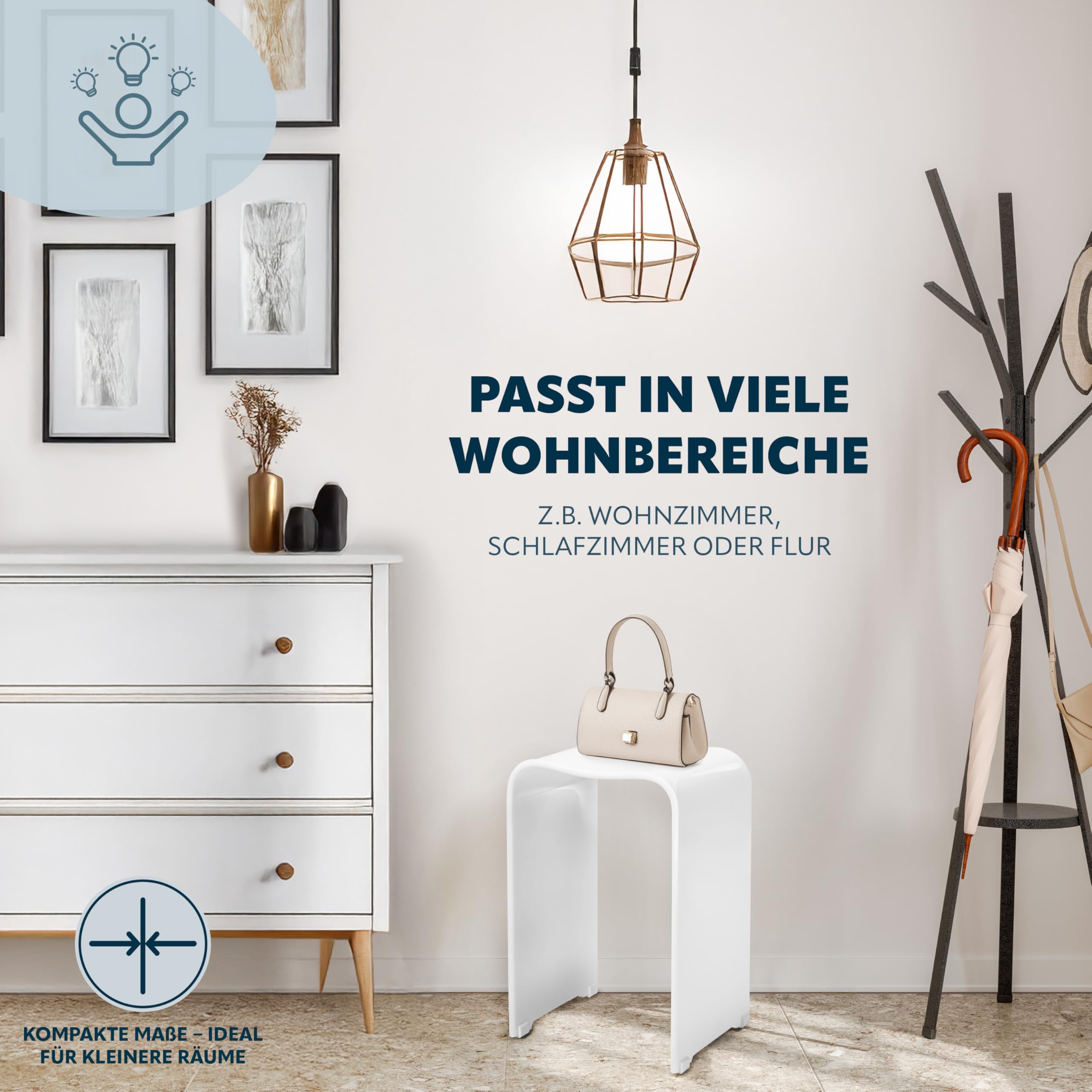 bremermann Badhocker, Duschhocker Acryl, ca. 33 x 27,5 x 48 cm (B/T/H), mit Griffmulde, ergonomisch geformt, belastbar maximal 130 kg (weiß-glänzend)