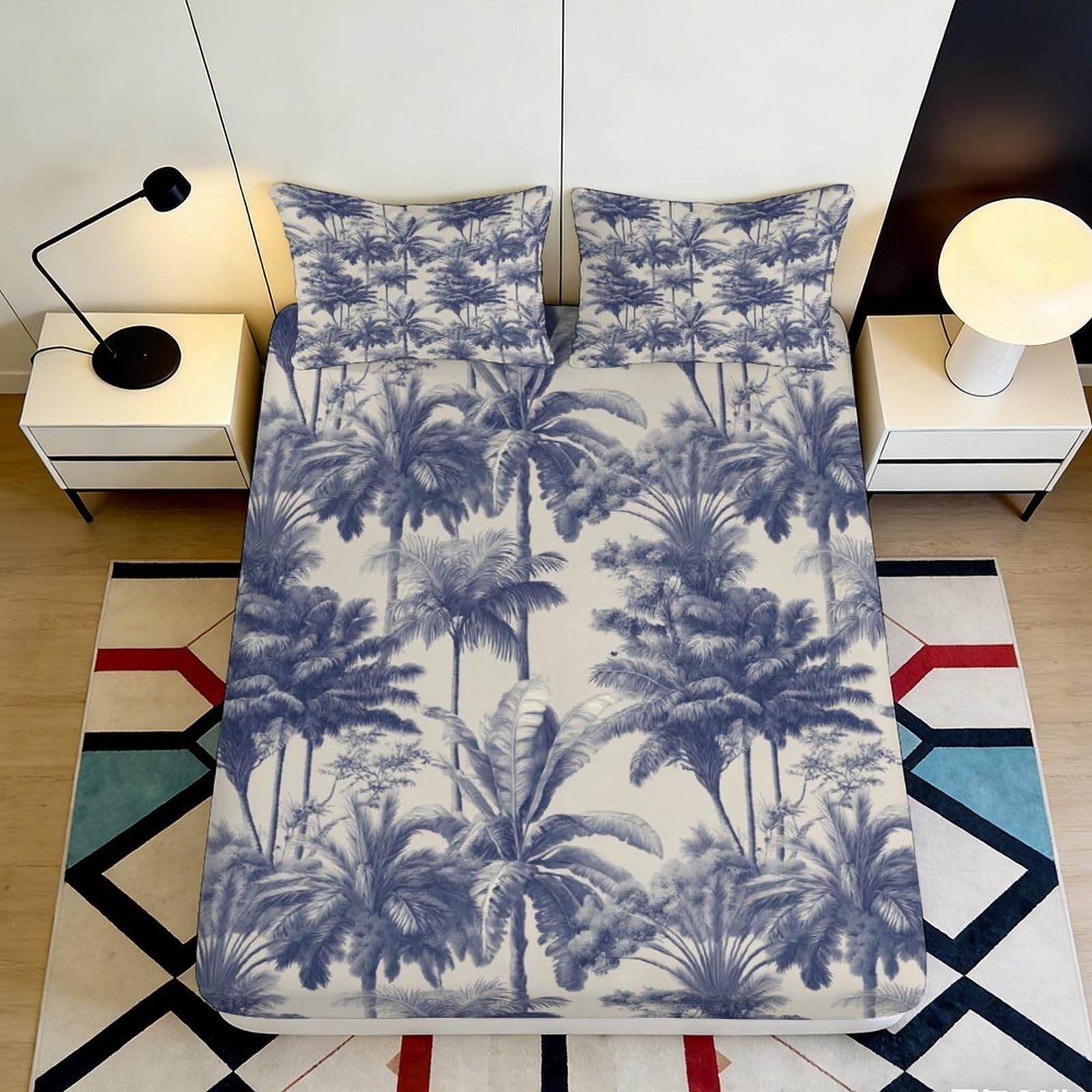 3D Printed Tropical Palm Trees Fitted Sheet Microfiber Soft Breathable Tropical Forest Mattress Cover for Bedroom Dormitory Guest Room Mattress Protection Decor 180x200x25cm