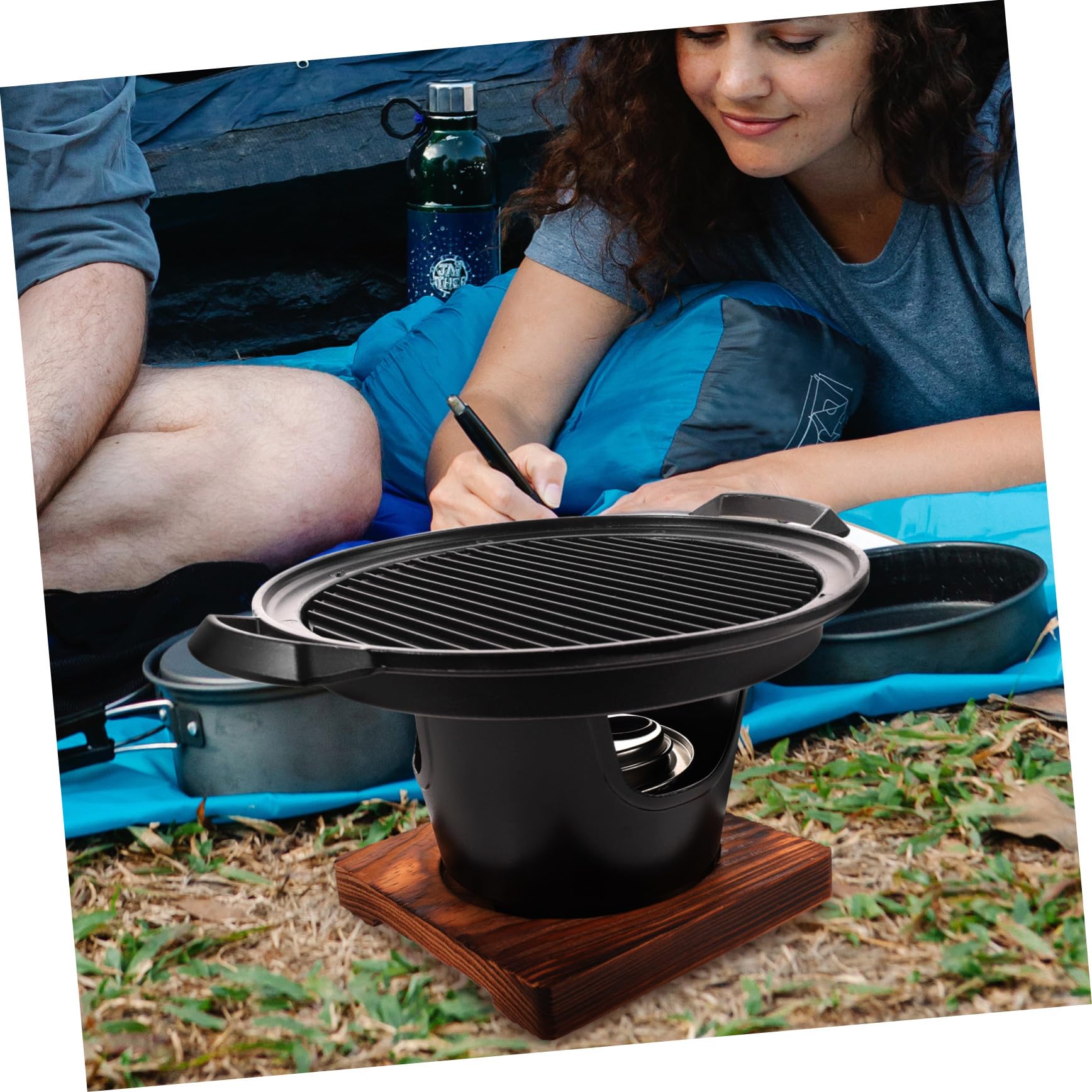 Parrilla Portátil para Barbacoa Mini para 2-3 Personas Negra | Aleación de Aluminio y Madera , Uso en Camping y Hogar , Apta para Maíz y Carne