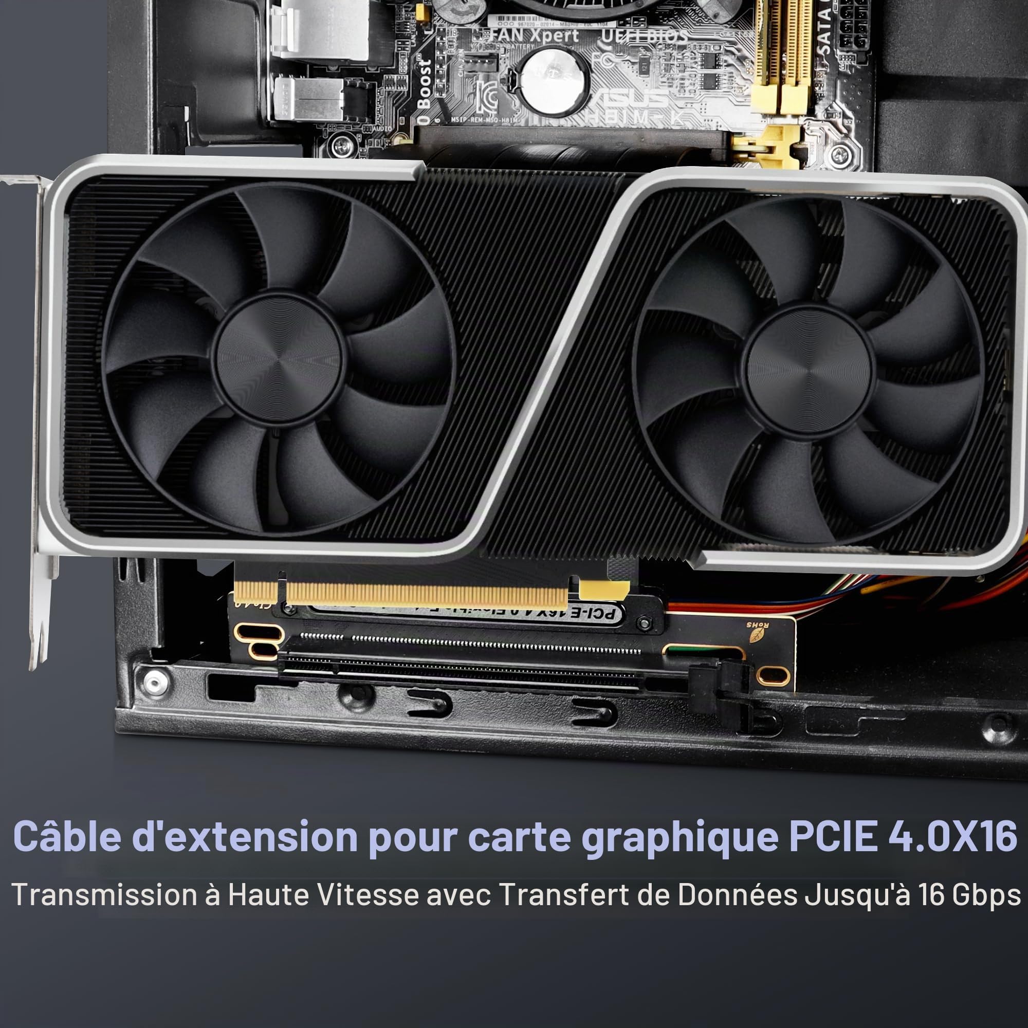 GINTOOYUN Câble d'extension pour Carte Graphique PCIE 4.0 X16 Noir PCIE 4.0 X16 mâle vers Femelle à 90 degrés Câble d'extension GPU pour châssis de Carte Graphique,etc(9.8Inch) (90 degrés)