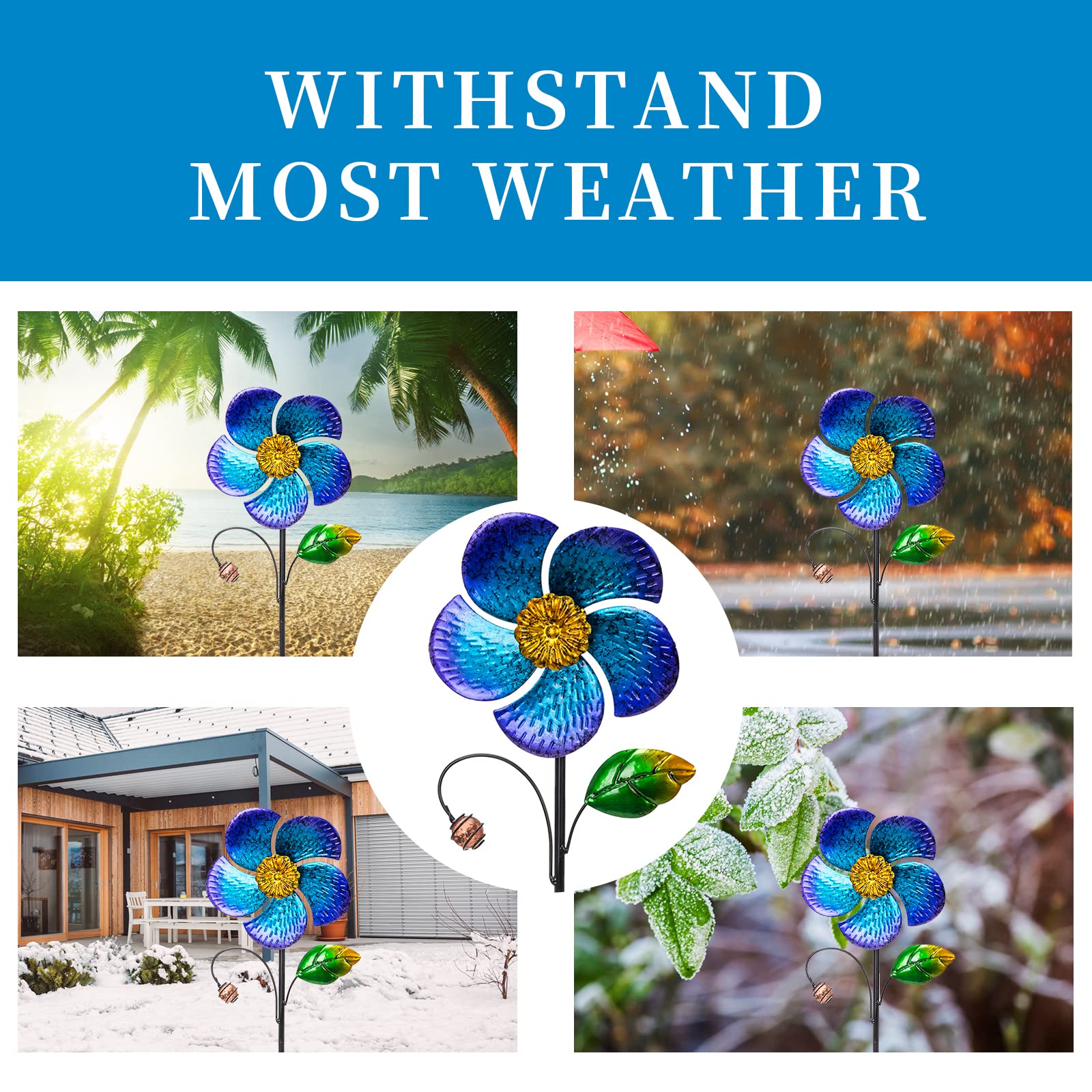 Viveta Paquete de 2 molinillos de viento con estaca de metal, 28.7 pulgadas, molinillos de jardín al aire libre, diseño en forma de flor azul para decoración de patio, césped, patio