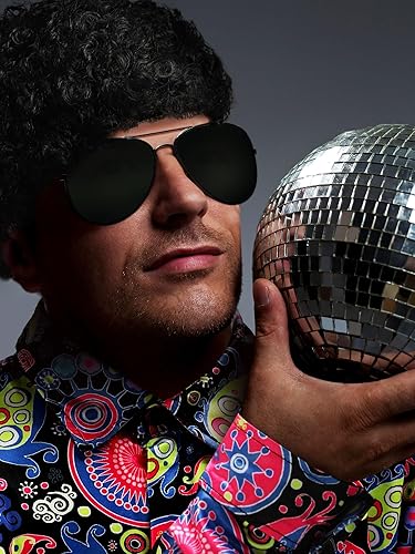 Miniatura 6 de Mepase 6 disfraces de discoteca de los años 70 para hombre, incluye camisa retro, pantalones acampanados, peluca, lentes de sol, collar, gorra
