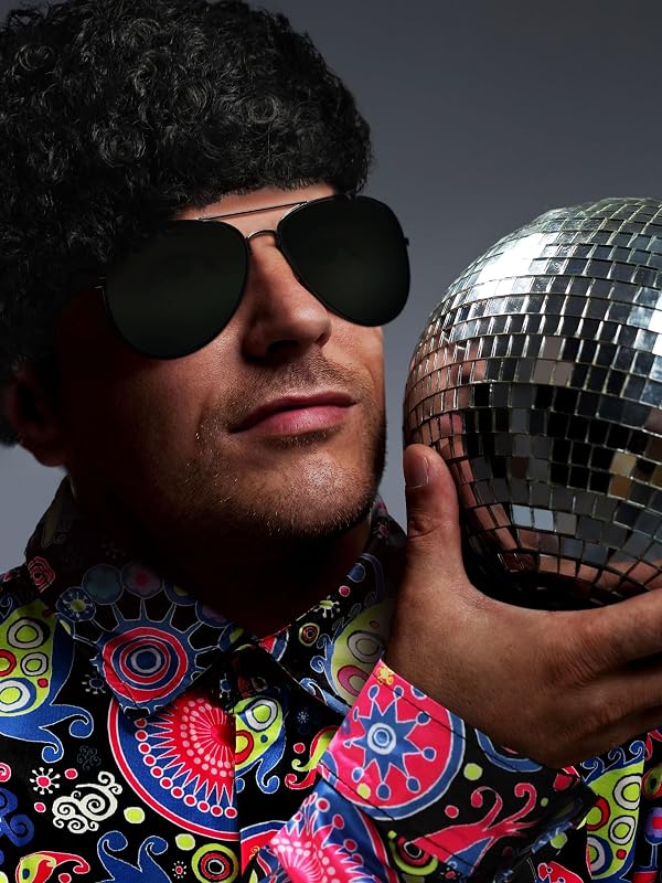 Mepase 6 Pcs Men 70s Disco Costumes Include Retro Shirt Bell Bottom Pants Wig Sunglasses Necklace Wig Cap for Disco Party(Classic,Medium) by Mepase - Image 11