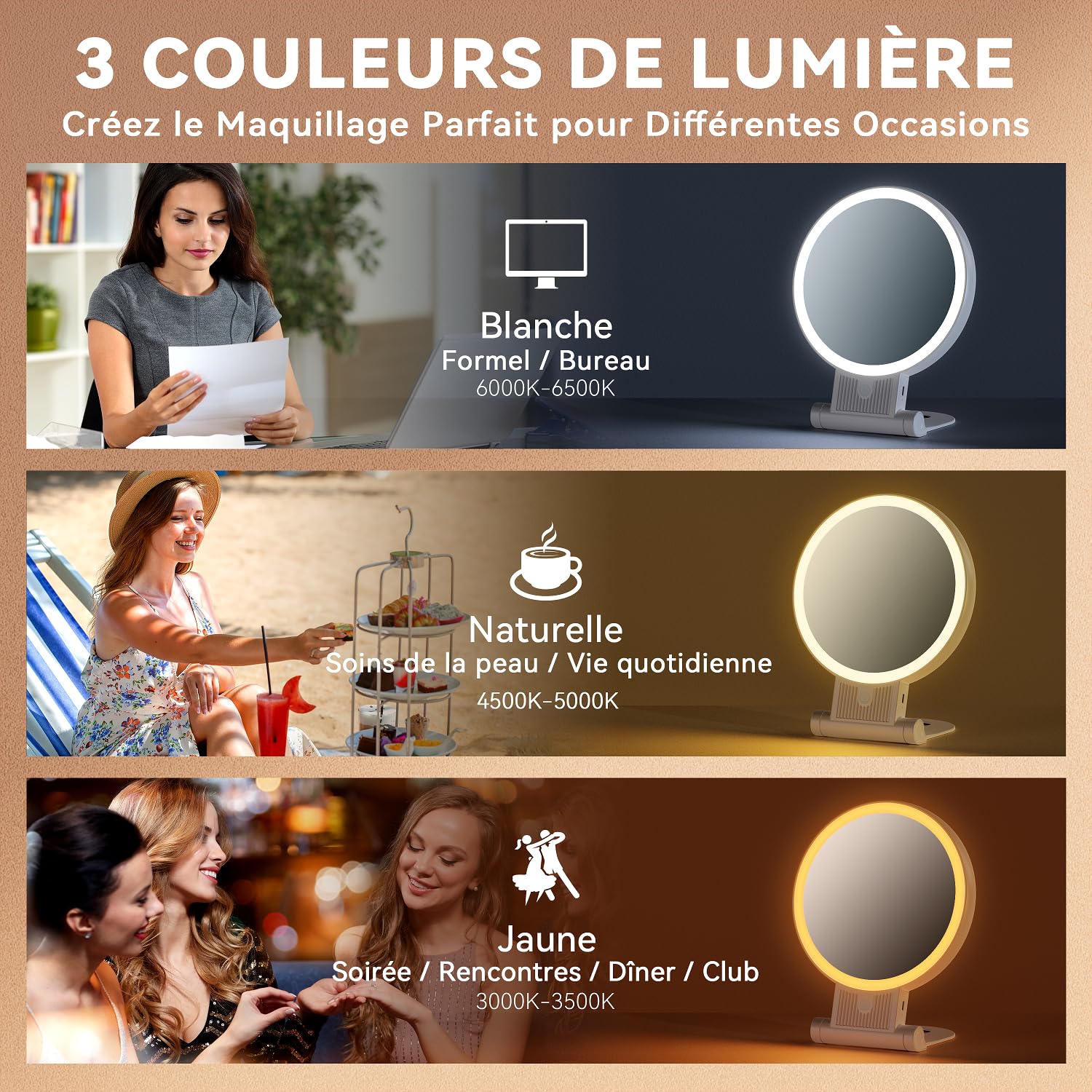 Auxmir Miroir Grossissant Lumineux Double Face 1X/30X, Miroir Maquillage 3 Couleurs D'éclairage, Luminosité Réglable, Batterie 2000mAh Rechargeable, Support 360°, Mural/Portable/Pliable