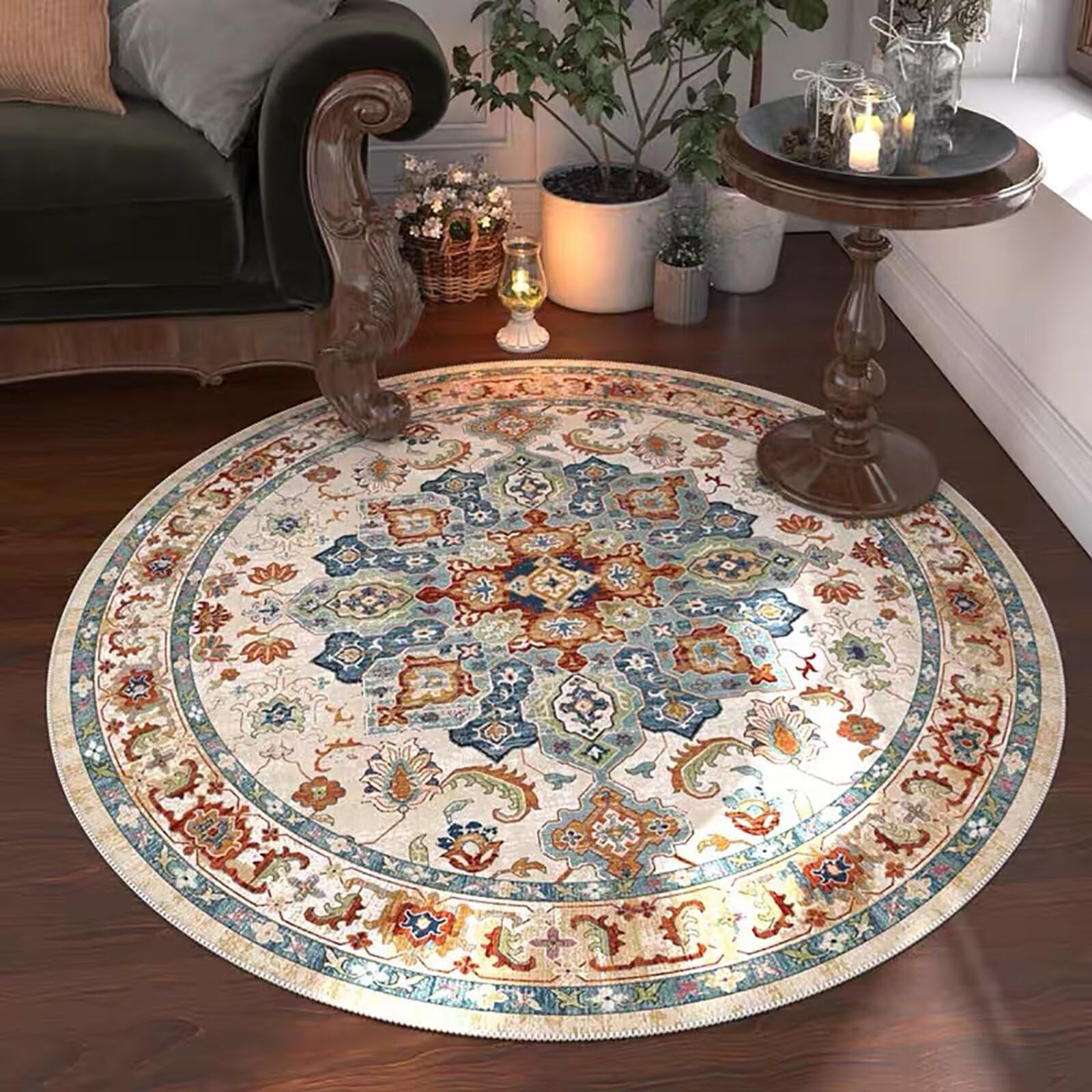 Tapis rond oriental oriental coloré 100 cm : un tapis lavable et antidérapant