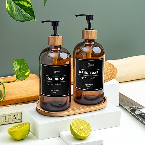 Miniatura 2 de Vine Creations Juego de dispensador de jabón de vidrio ámbar  Dispensador de jabón de cocina con bandeja  Juego de dispensadores de jabón de bambú y